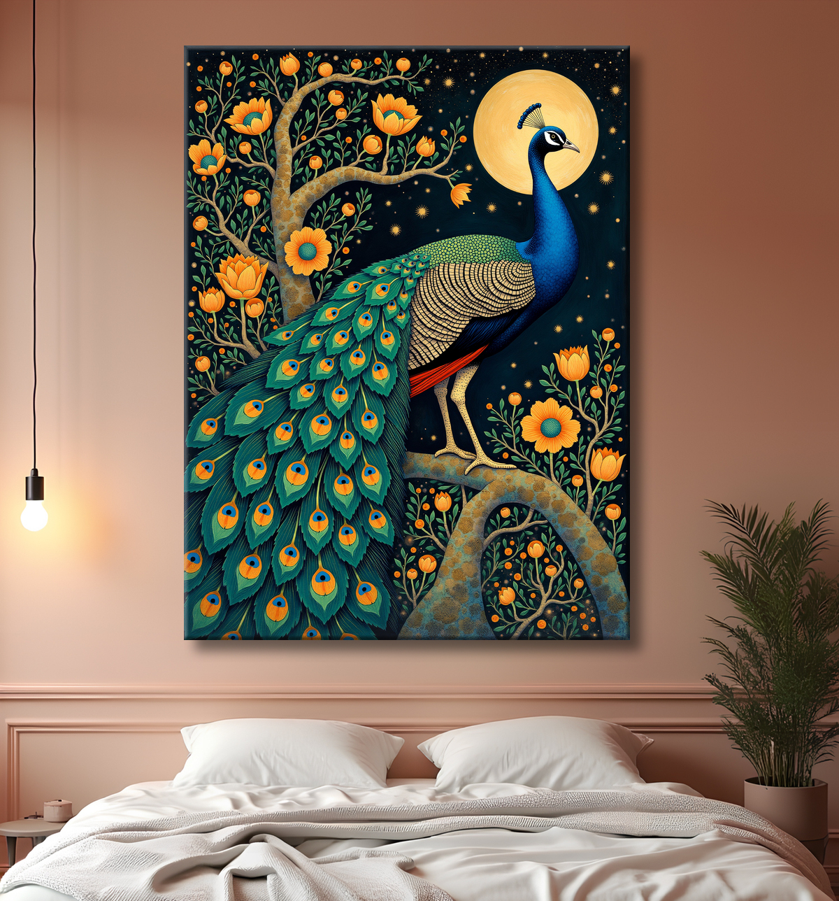 Tableau paon féerique - Illustration magique et colorée sous un ciel étoilé avec decor