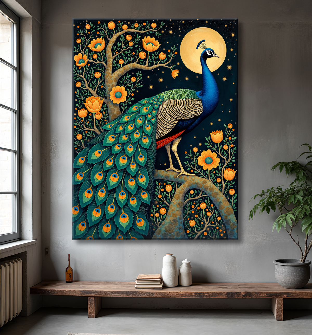 Tableau paon féerique - Illustration magique et colorée sous un ciel étoilé avec decor