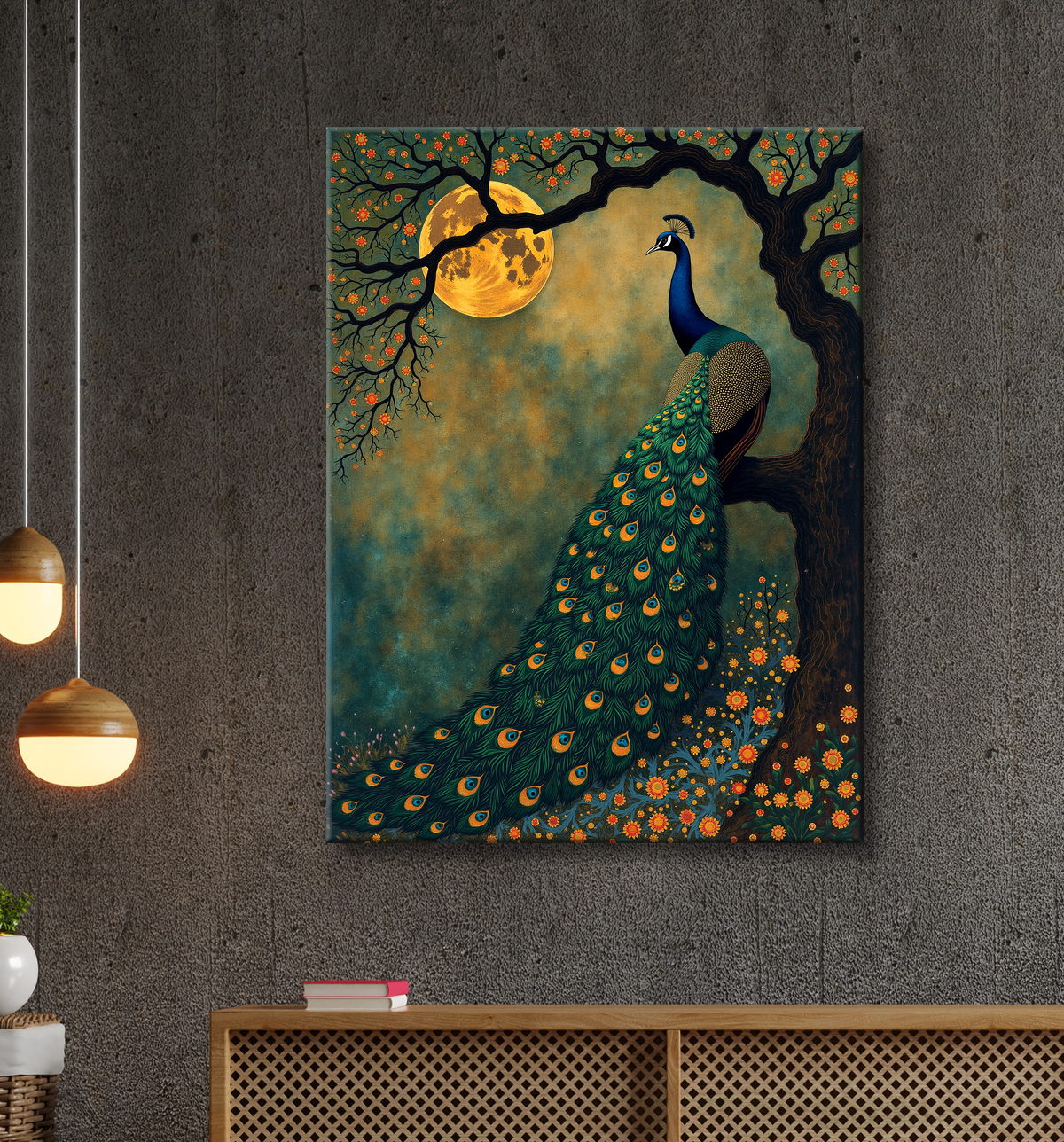 Tableau paon féerique - Illustration magique et colorée sous un ciel étoilé avec decor