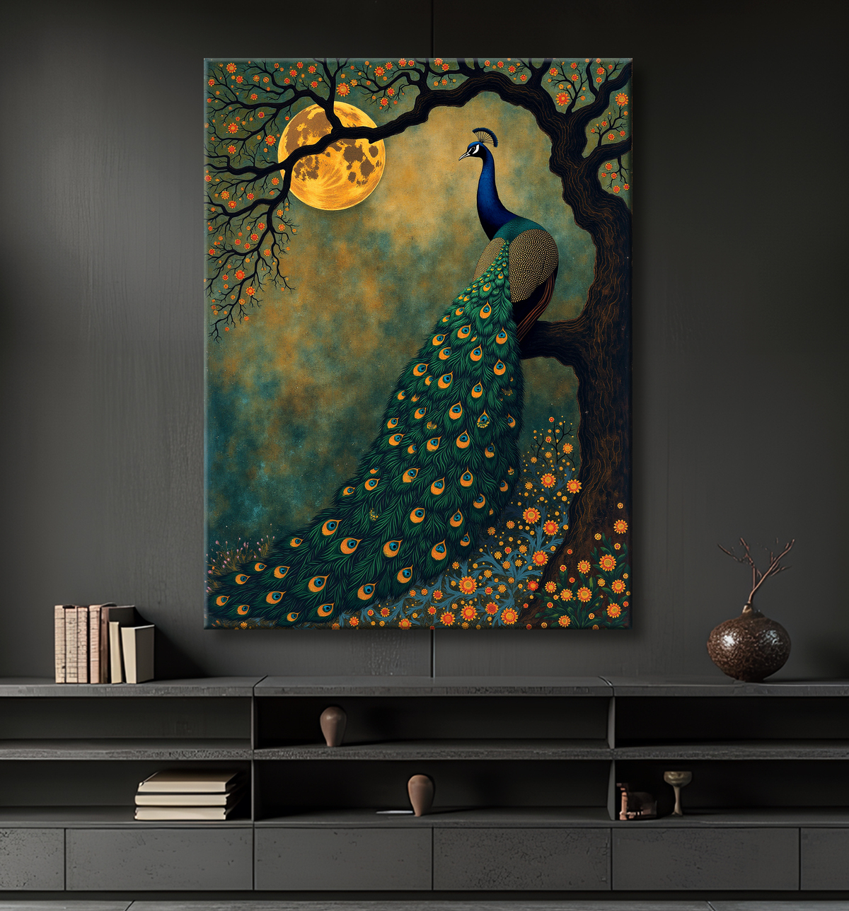 Tableau paon féerique - Illustration magique et colorée sous un ciel étoilé avec decor