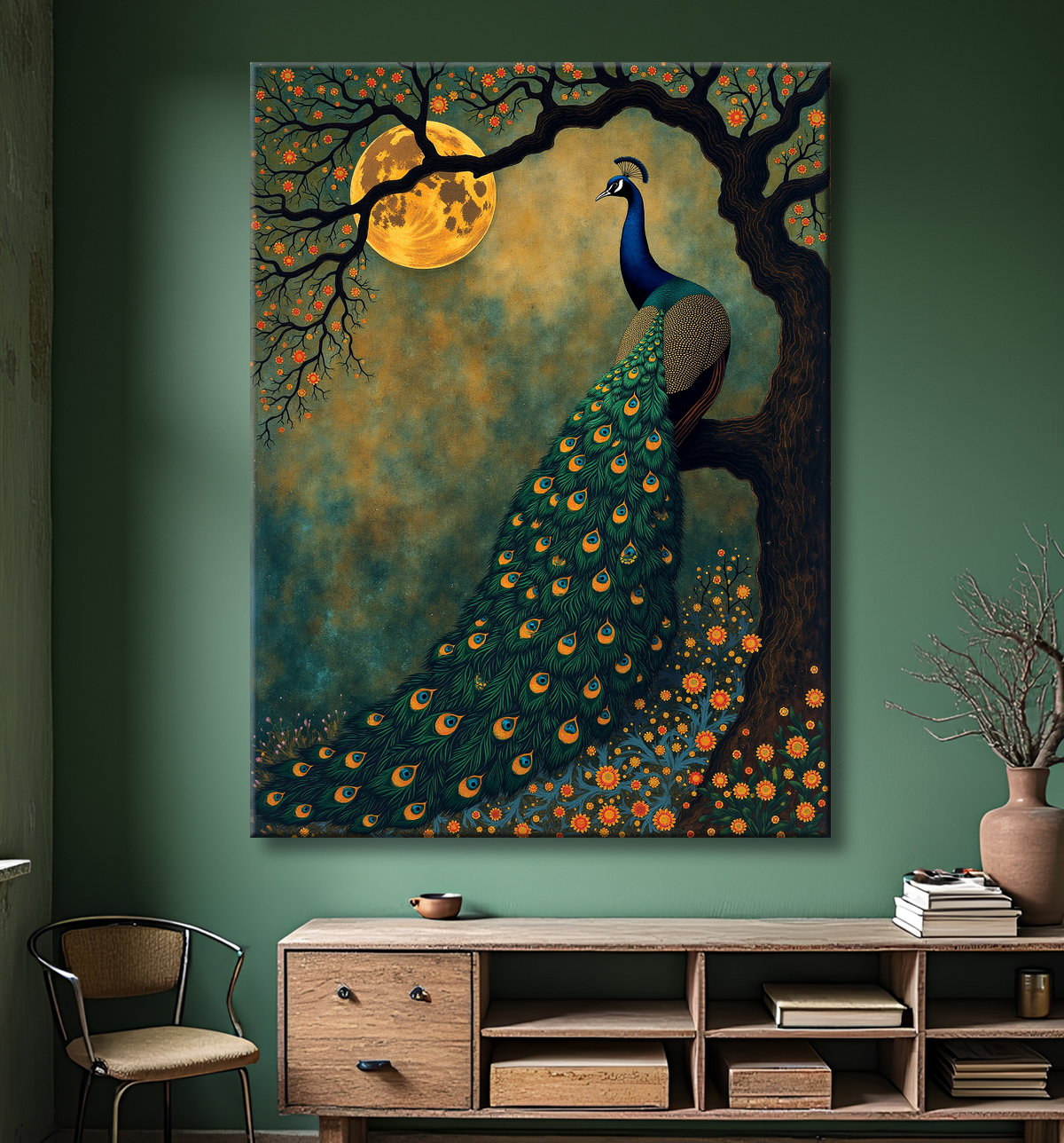 Tableau paon féerique - Illustration magique et colorée sous un ciel étoilé avec decor