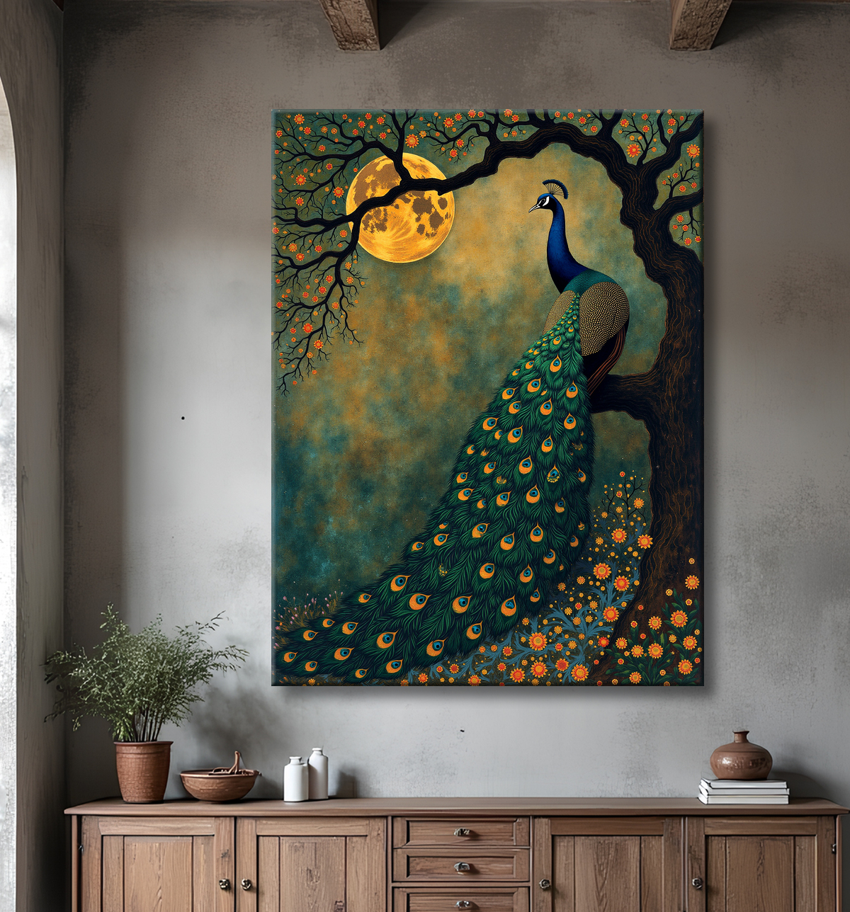 Tableau paon féerique - Illustration magique et colorée sous un ciel étoilé avec decor