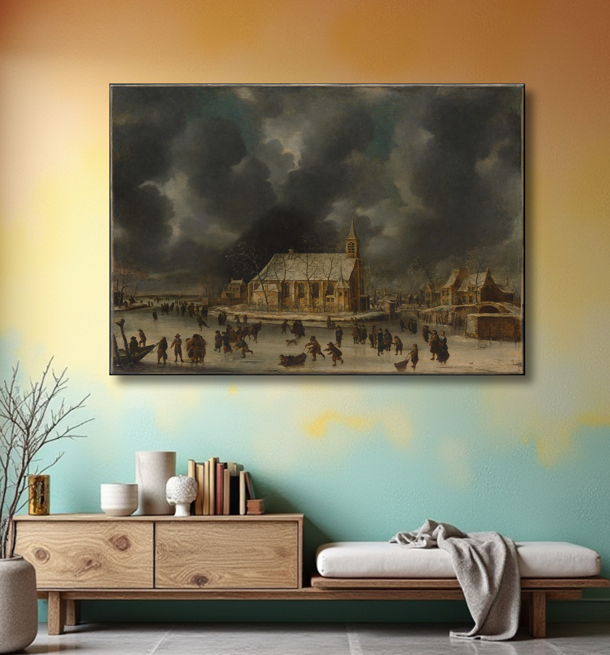 Reproduction Patinage à Sloten, près d'Amsterdam de Johannes Abrahamsz Beerstraten avec decor