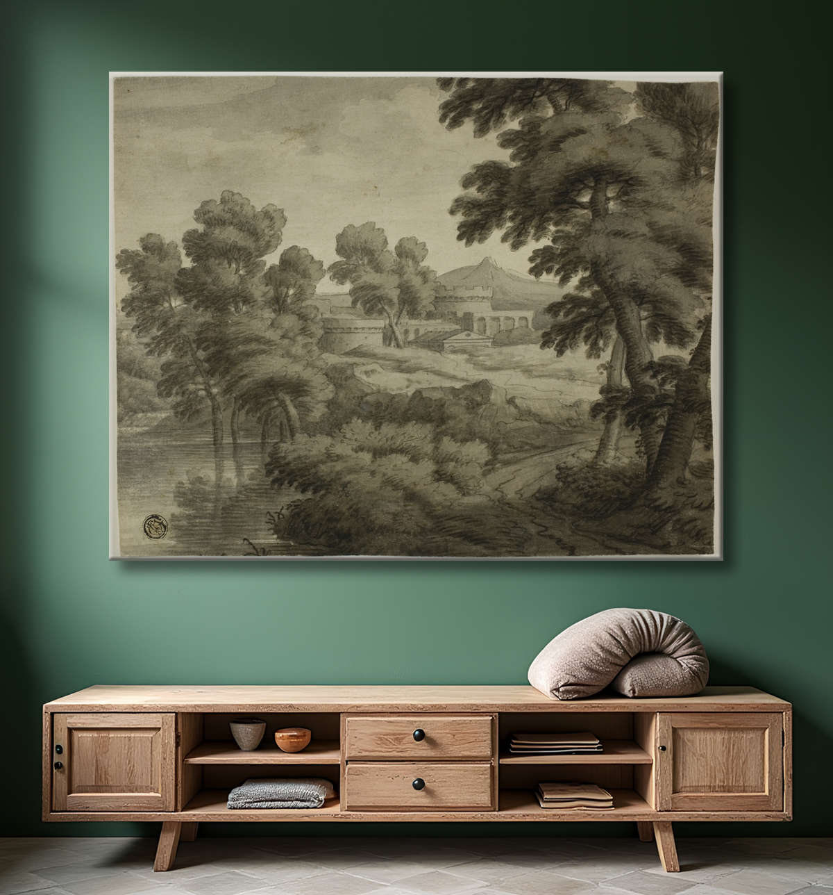 Reproduction Paysage à l'italienne avec château, arbres et eau en premier plan de School of Nicolas Poussin avec decor