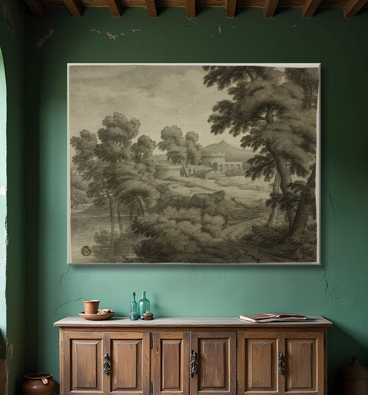 Reproduction Paysage à l'italienne avec château, arbres et eau en premier plan de School of Nicolas Poussin avec decor