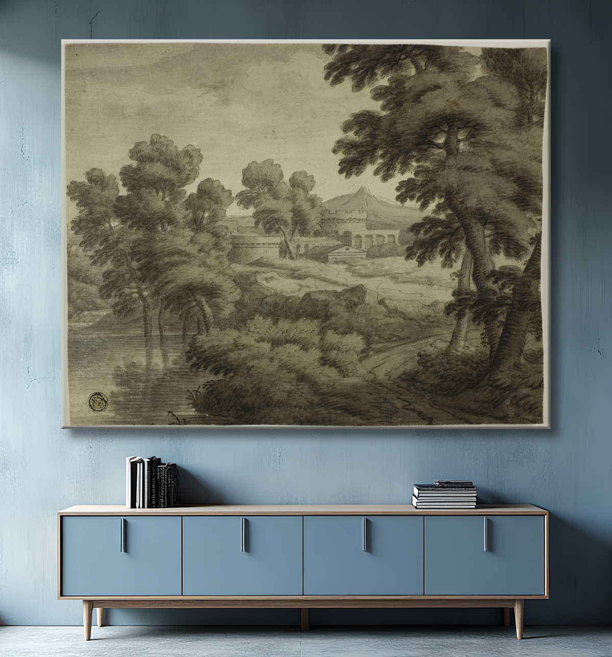 Reproduction Paysage à l'italienne avec château, arbres et eau en premier plan de School of Nicolas Poussin avec decor