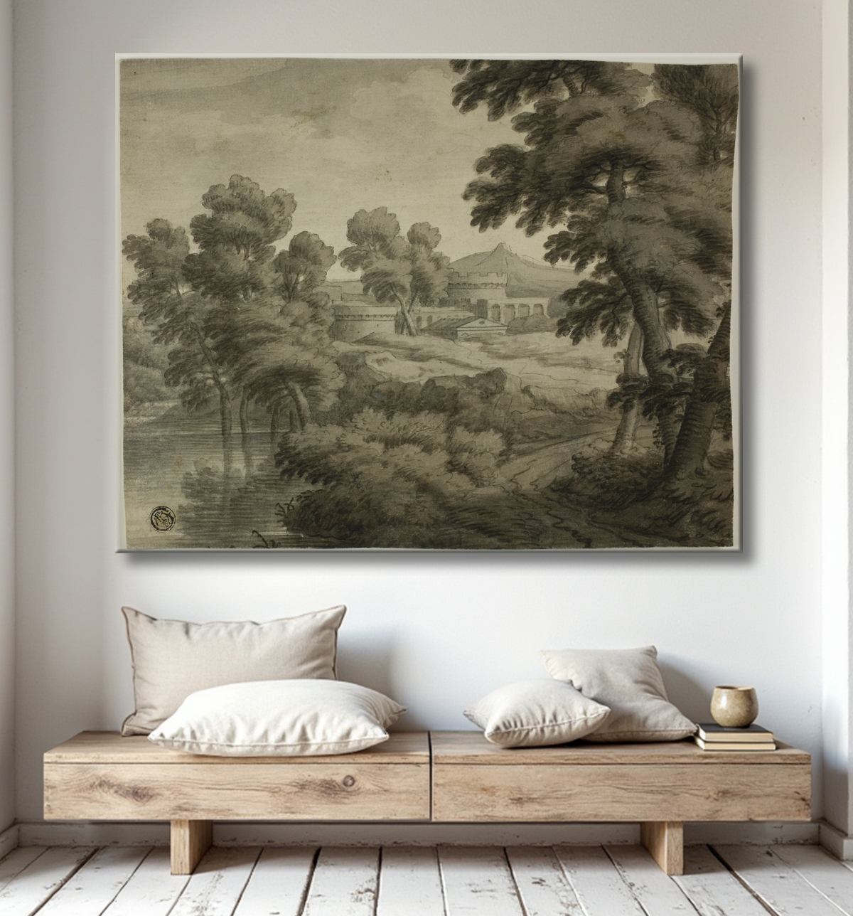 Reproduction Paysage à l'italienne avec château, arbres et eau en premier plan de School of Nicolas Poussin avec decor