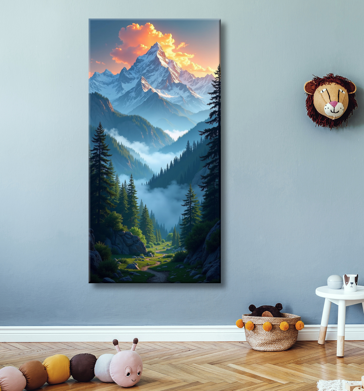 Tableau de paysage alpin : entre cimes enneigées et forêts profondes avec decor