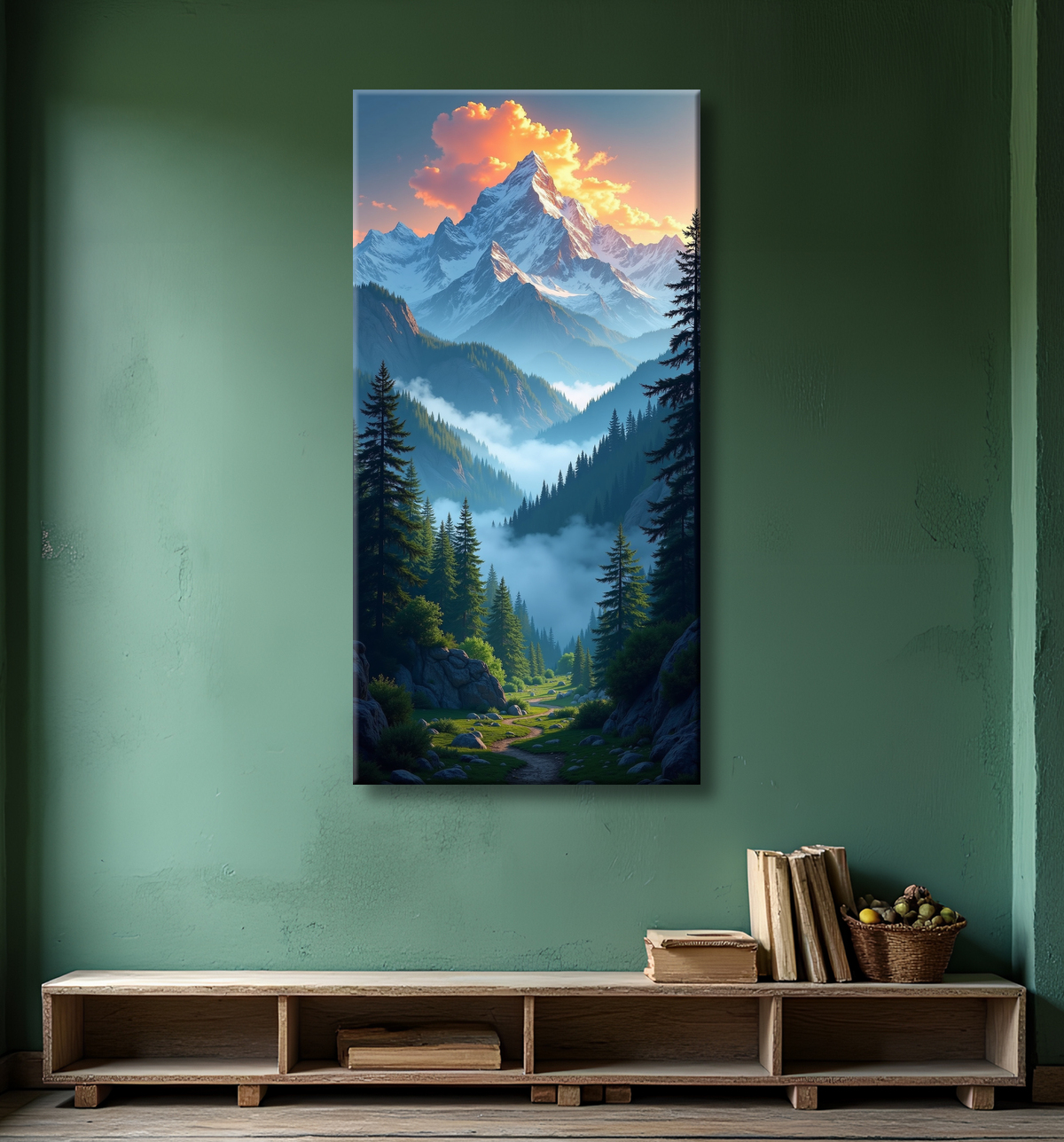 Tableau de paysage alpin : entre cimes enneigées et forêts profondes avec decor