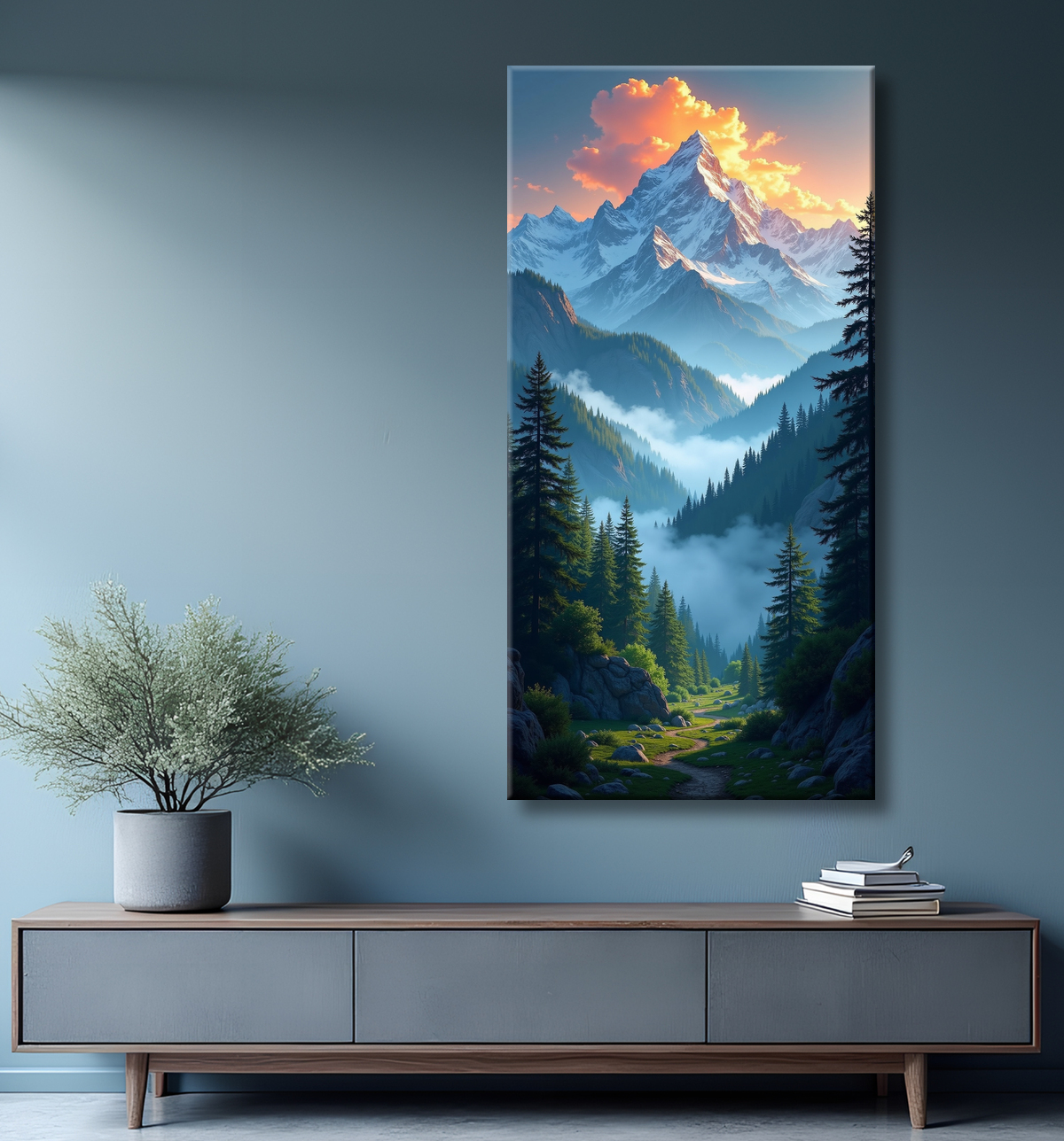 Tableau de paysage alpin : entre cimes enneigées et forêts profondes avec decor
