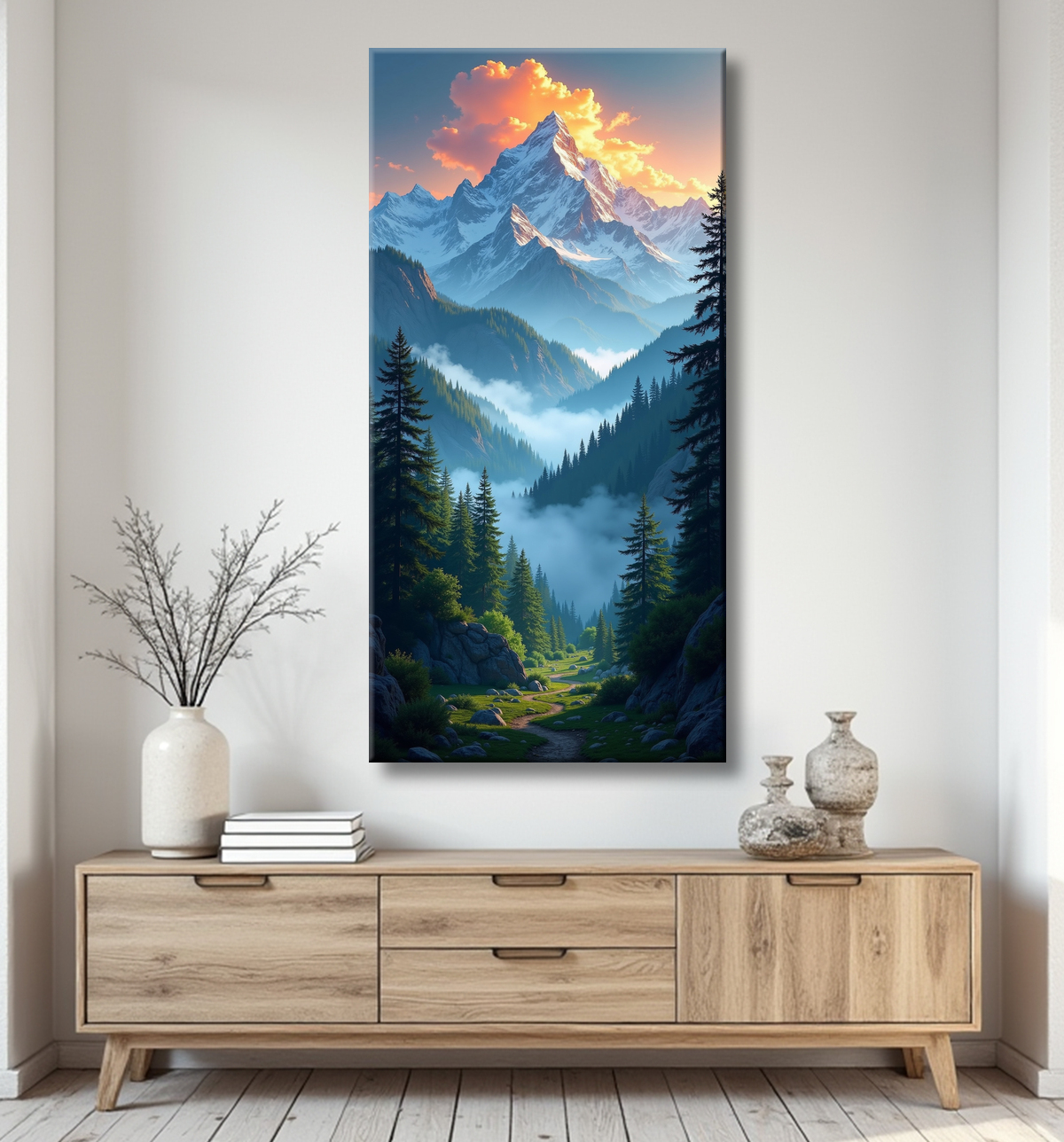 Tableau de paysage alpin : entre cimes enneigées et forêts profondes avec decor