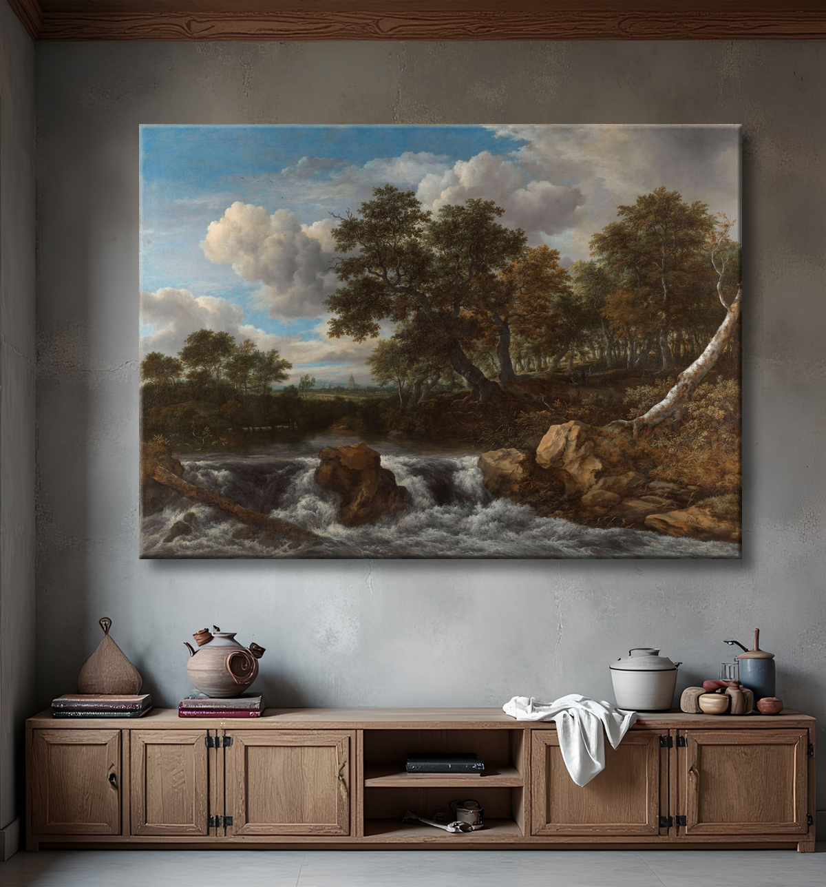 Reproduction Paysage avec cascade de Jacob Isaacksz van Ruisdael avec decor