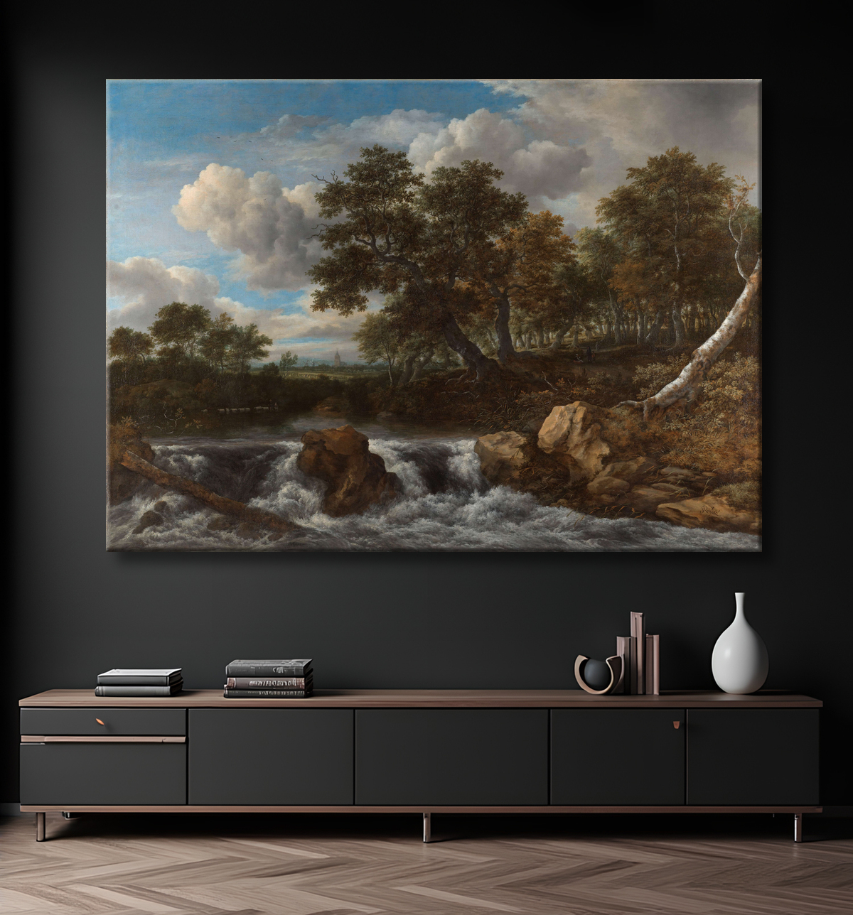 Reproduction Paysage avec cascade de Jacob Isaacksz van Ruisdael avec decor