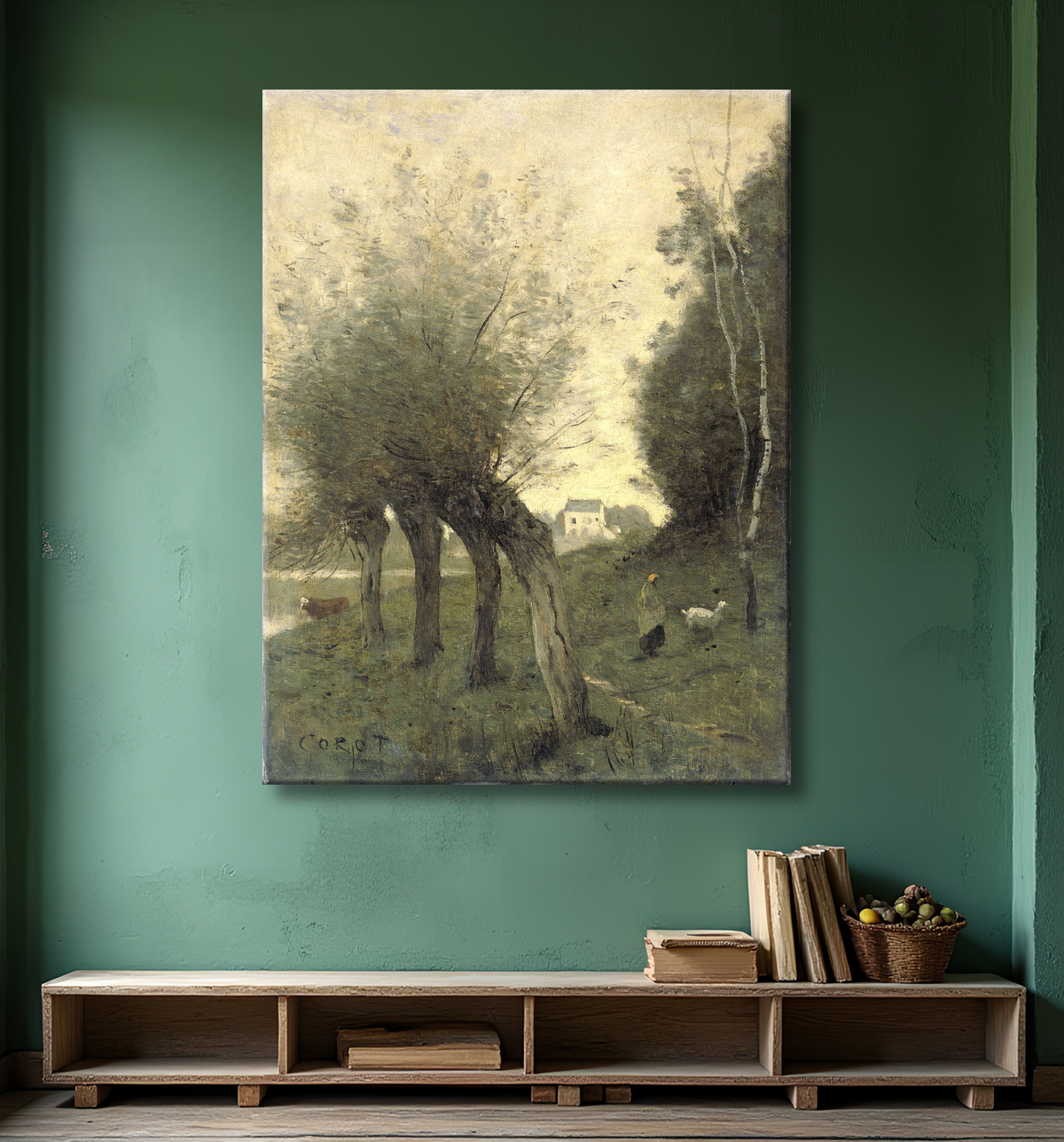 Reproduction Paysage avec des saules têtards de Camille Corot avec decor