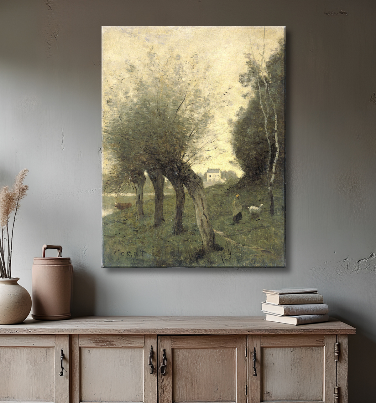 Reproduction Paysage avec des saules têtards de Camille Corot avec decor