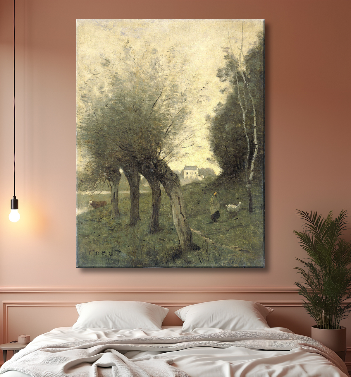 Reproduction Paysage avec des saules têtards de Camille Corot avec decor