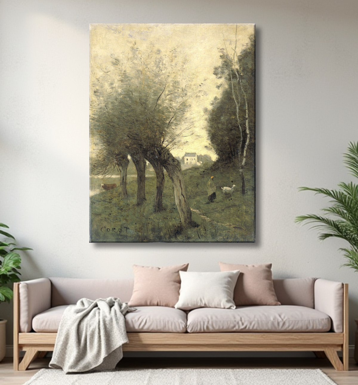 Reproduction Paysage avec des saules têtards de Camille Corot avec decor