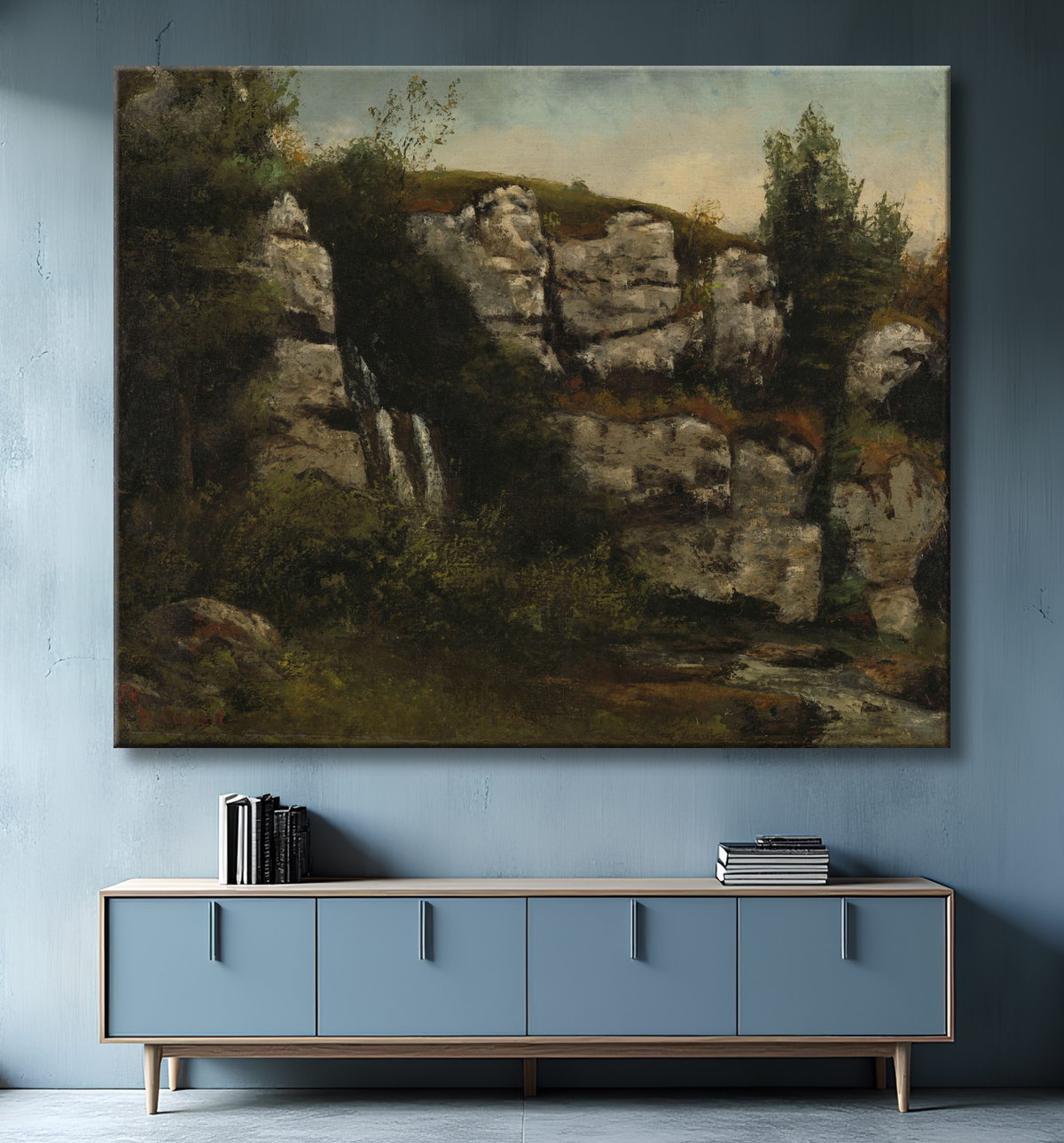 Reproduction Paysage avec falaises rocheuses et cascade de Gustave Courbet avec decor