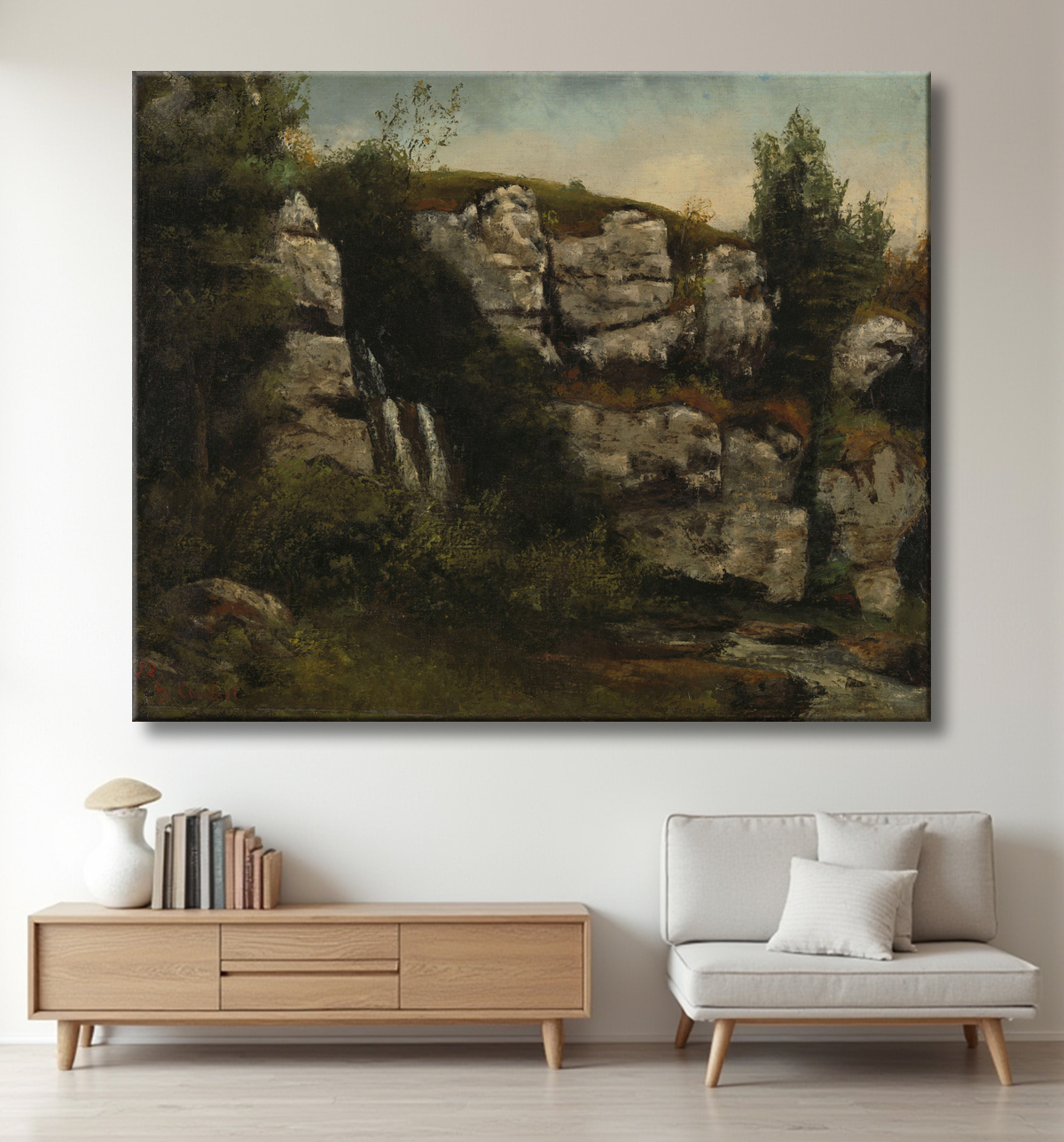 Reproduction Paysage avec falaises rocheuses et cascade de Gustave Courbet avec decor