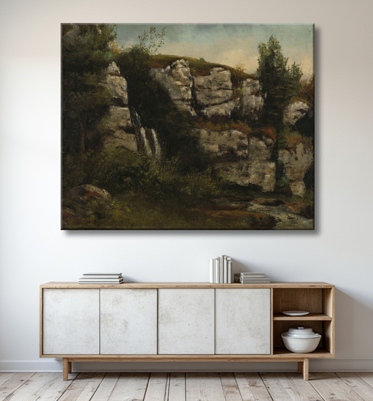 Reproduction Paysage avec falaises rocheuses et cascade de Gustave Courbet avec decor