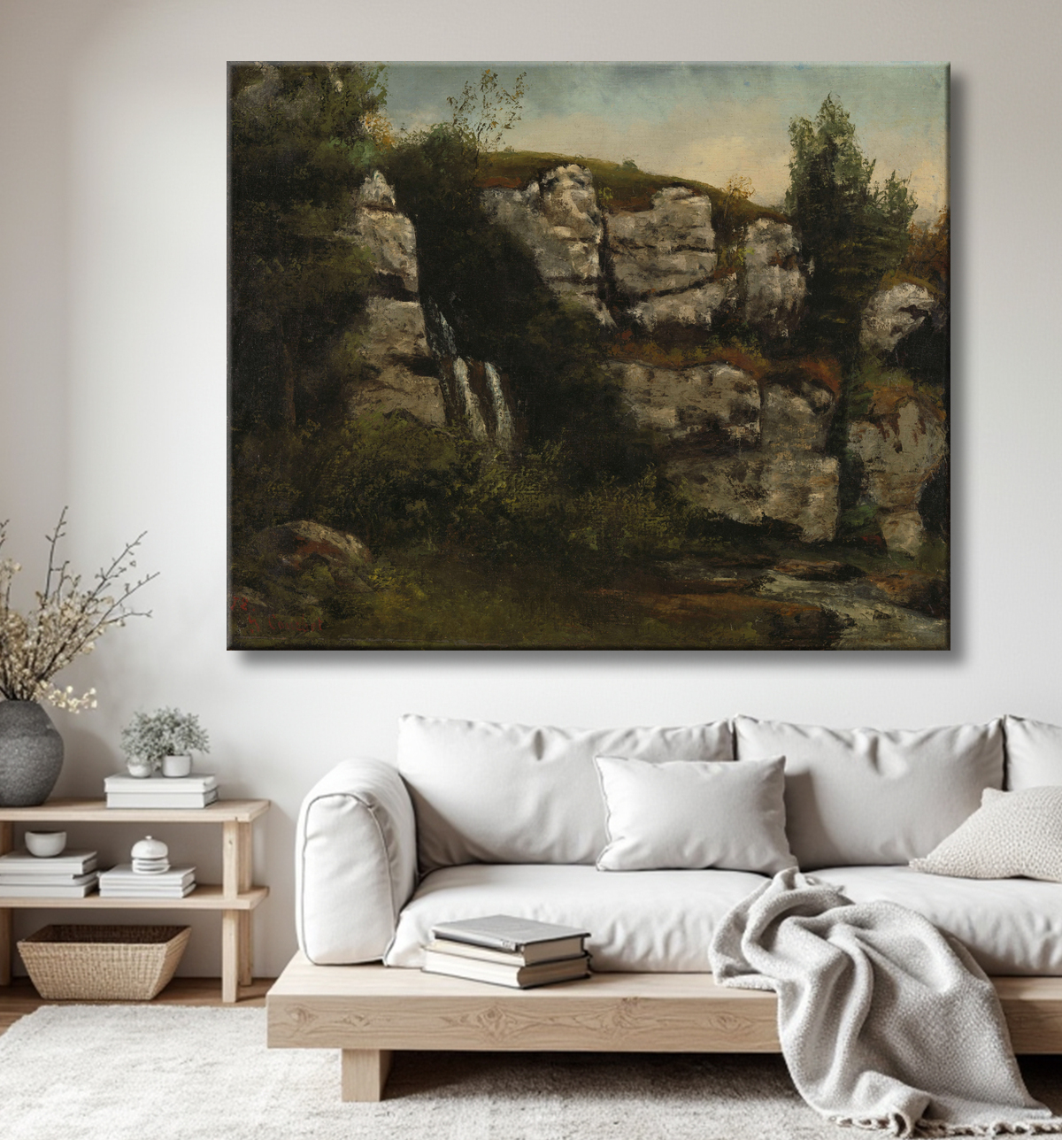 Reproduction Paysage avec falaises rocheuses et cascade de Gustave Courbet avec decor