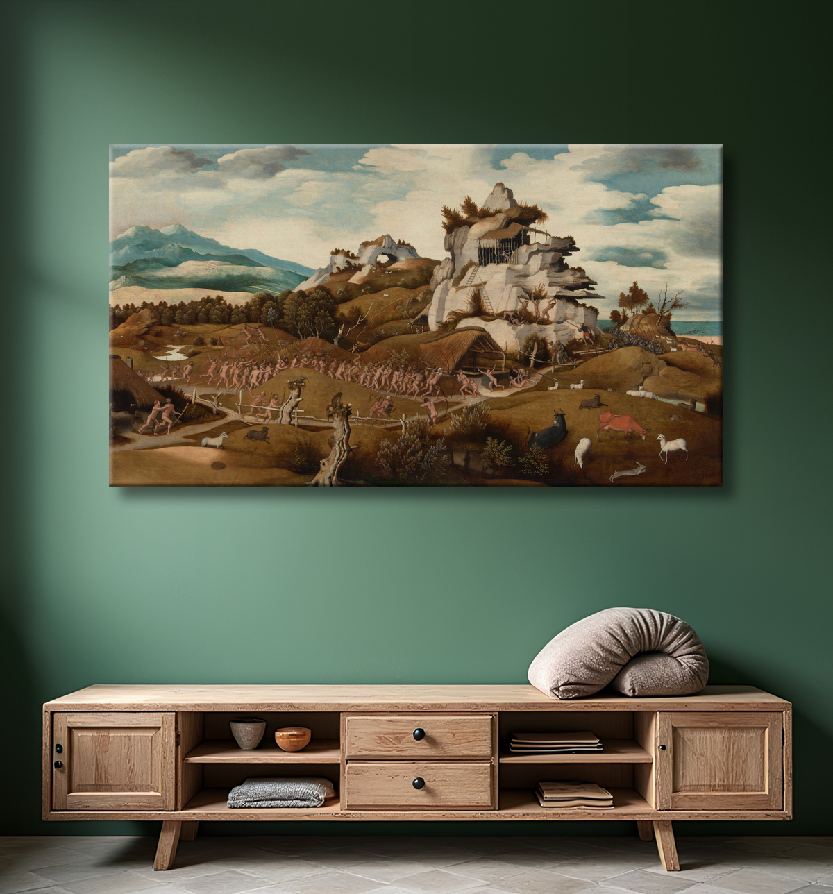 Reproduction Paysage avec un épisode de la conquête de l'Amérique de Jan Jansz Mostaert avec decor