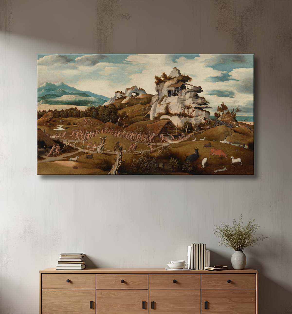 Reproduction Paysage avec un épisode de la conquête de l'Amérique de Jan Jansz Mostaert avec decor