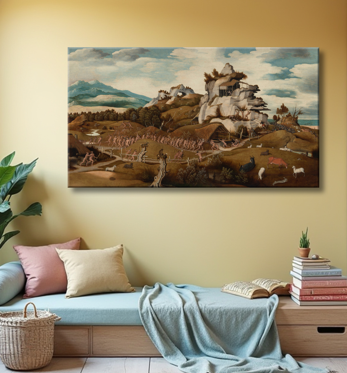 Reproduction Paysage avec un épisode de la conquête de l'Amérique de Jan Jansz Mostaert avec decor