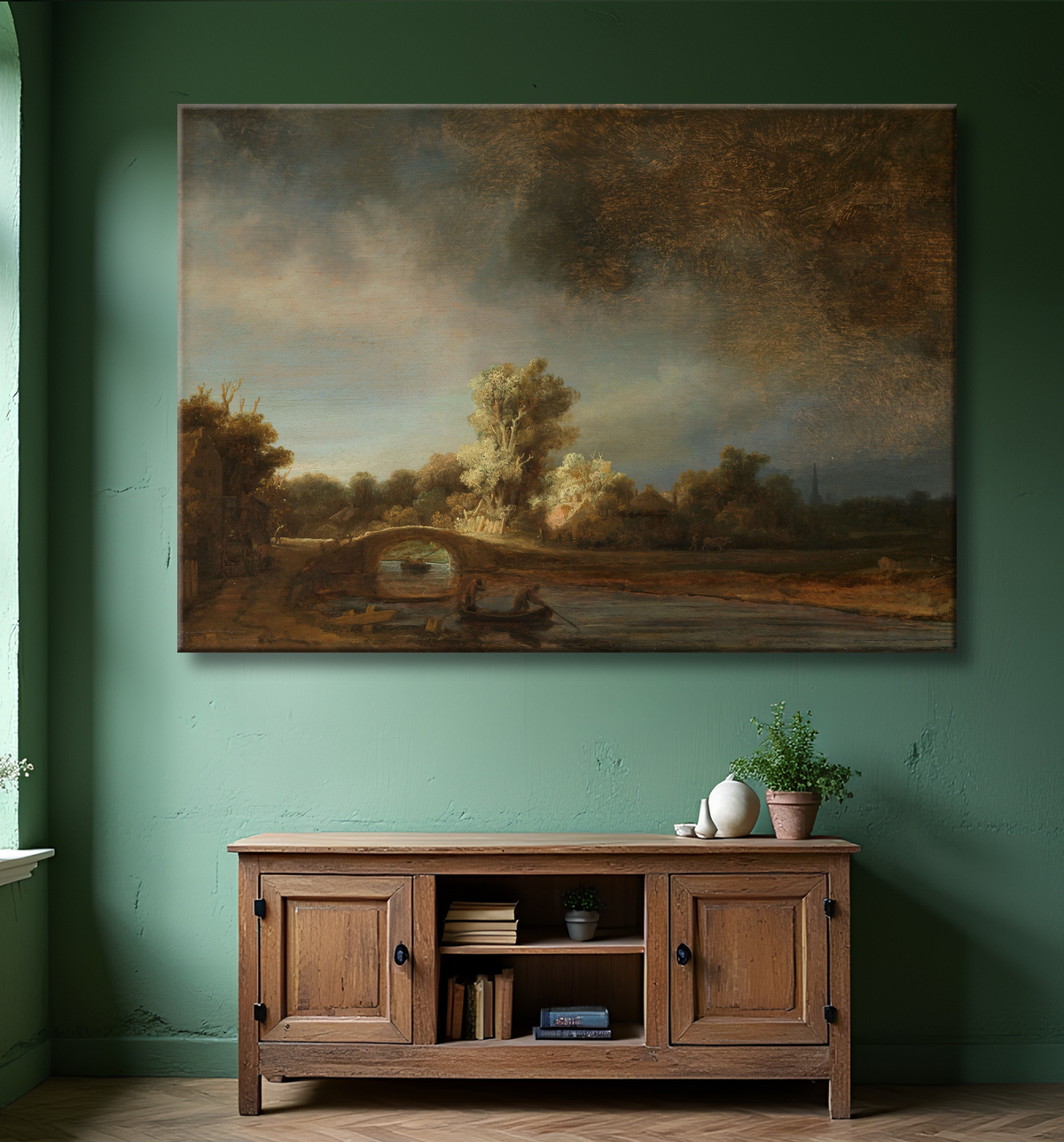 Reproduction Paysage avec un pont de pierre de Rembrandt van Rijn avec decor