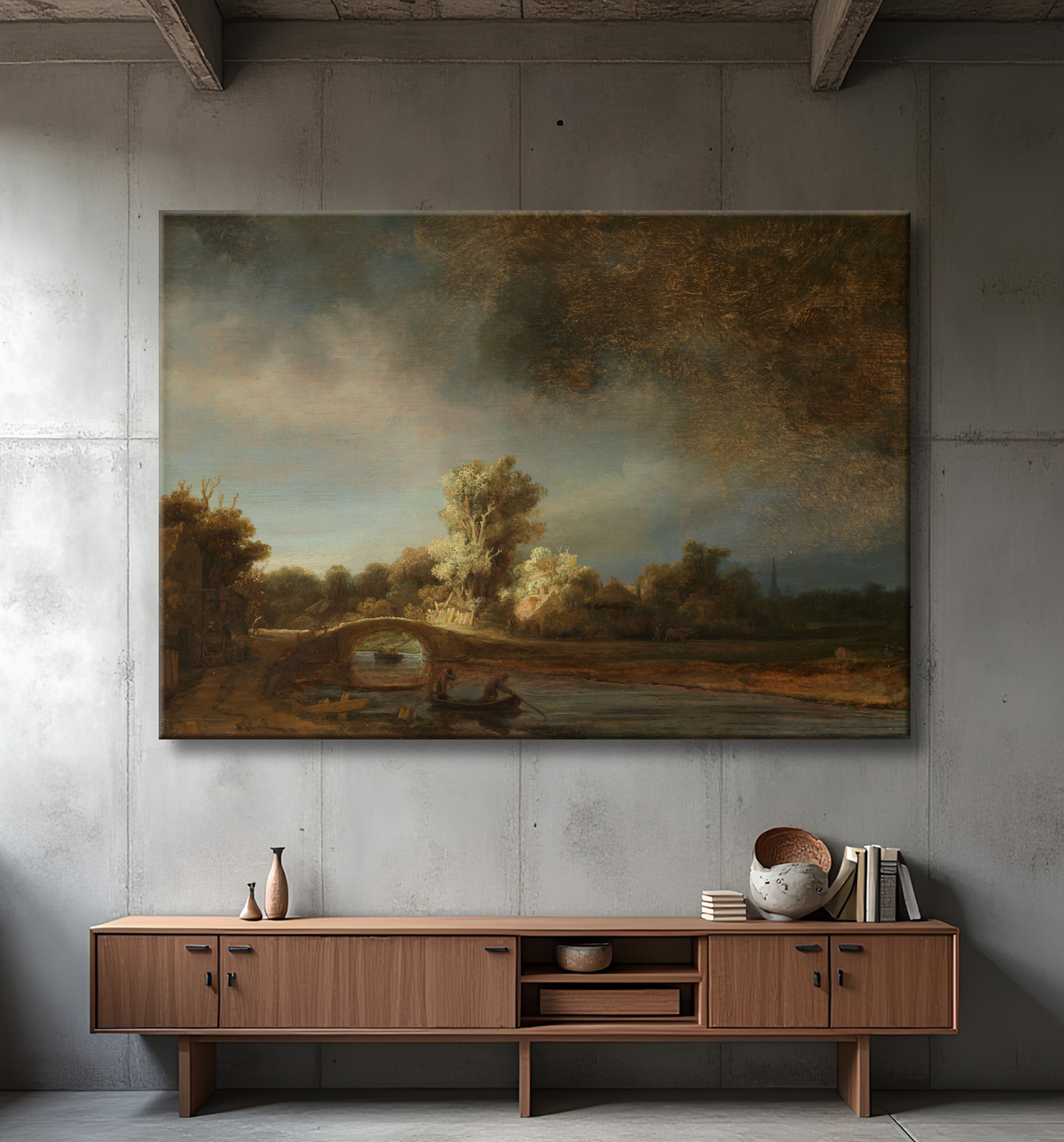 Reproduction Paysage avec un pont de pierre de Rembrandt van Rijn avec decor