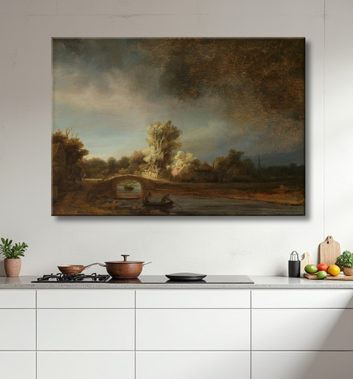 Reproduction Paysage avec un pont de pierre de Rembrandt van Rijn avec decor