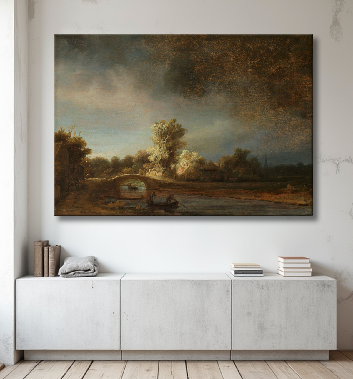 Reproduction Paysage avec un pont de pierre de Rembrandt van Rijn avec decor