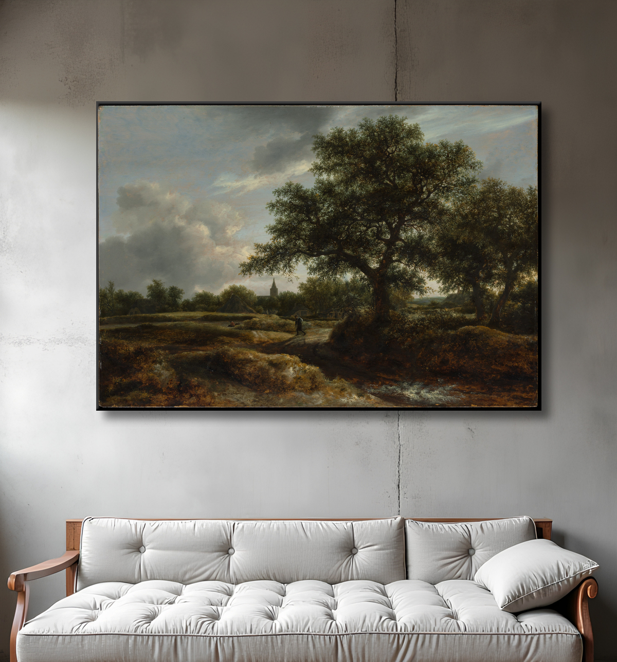 Reproduction Paysage avec un village au loin de Jacob van Ruisdael avec decor