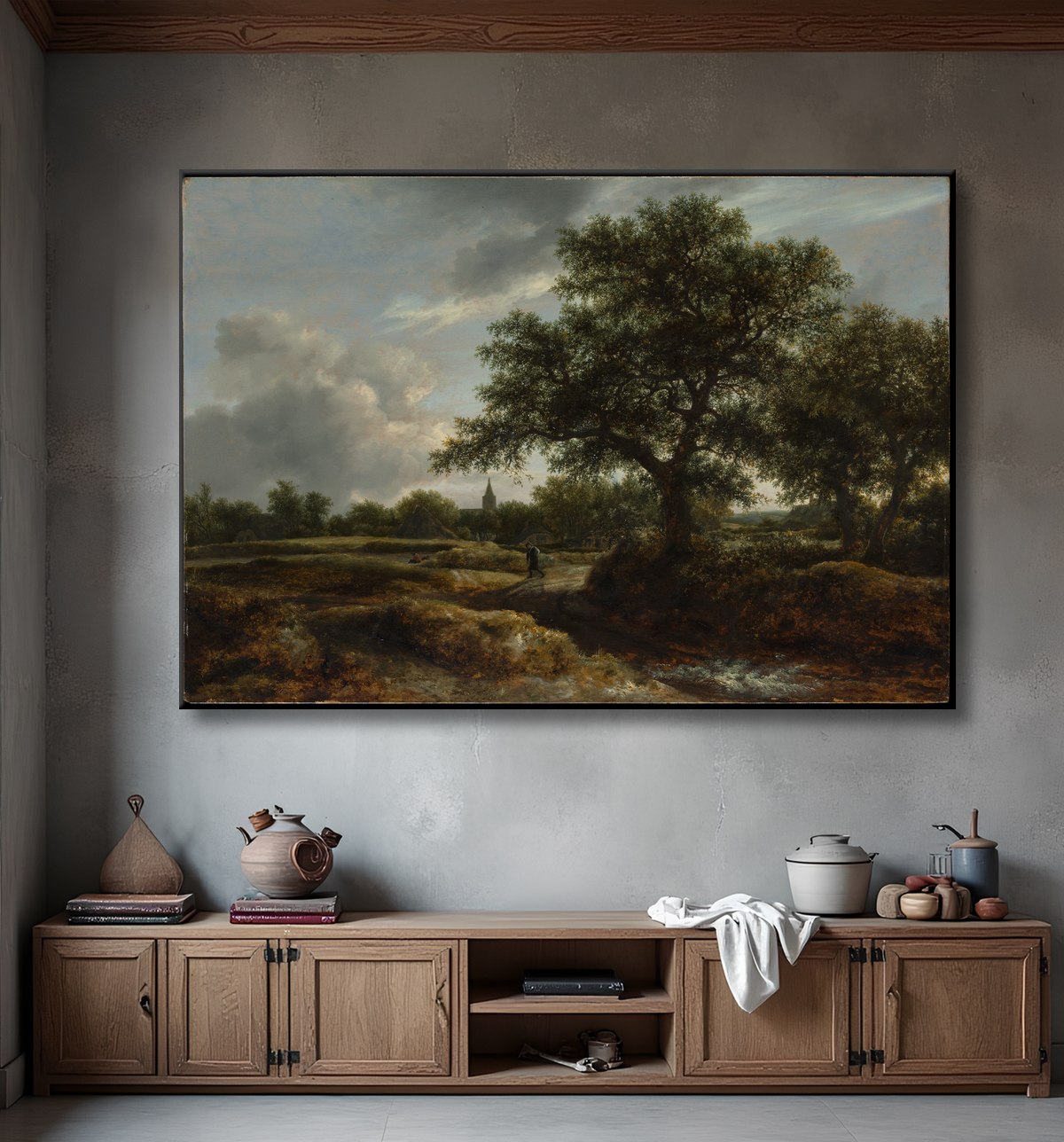 Reproduction Paysage avec un village au loin de Jacob van Ruisdael avec decor
