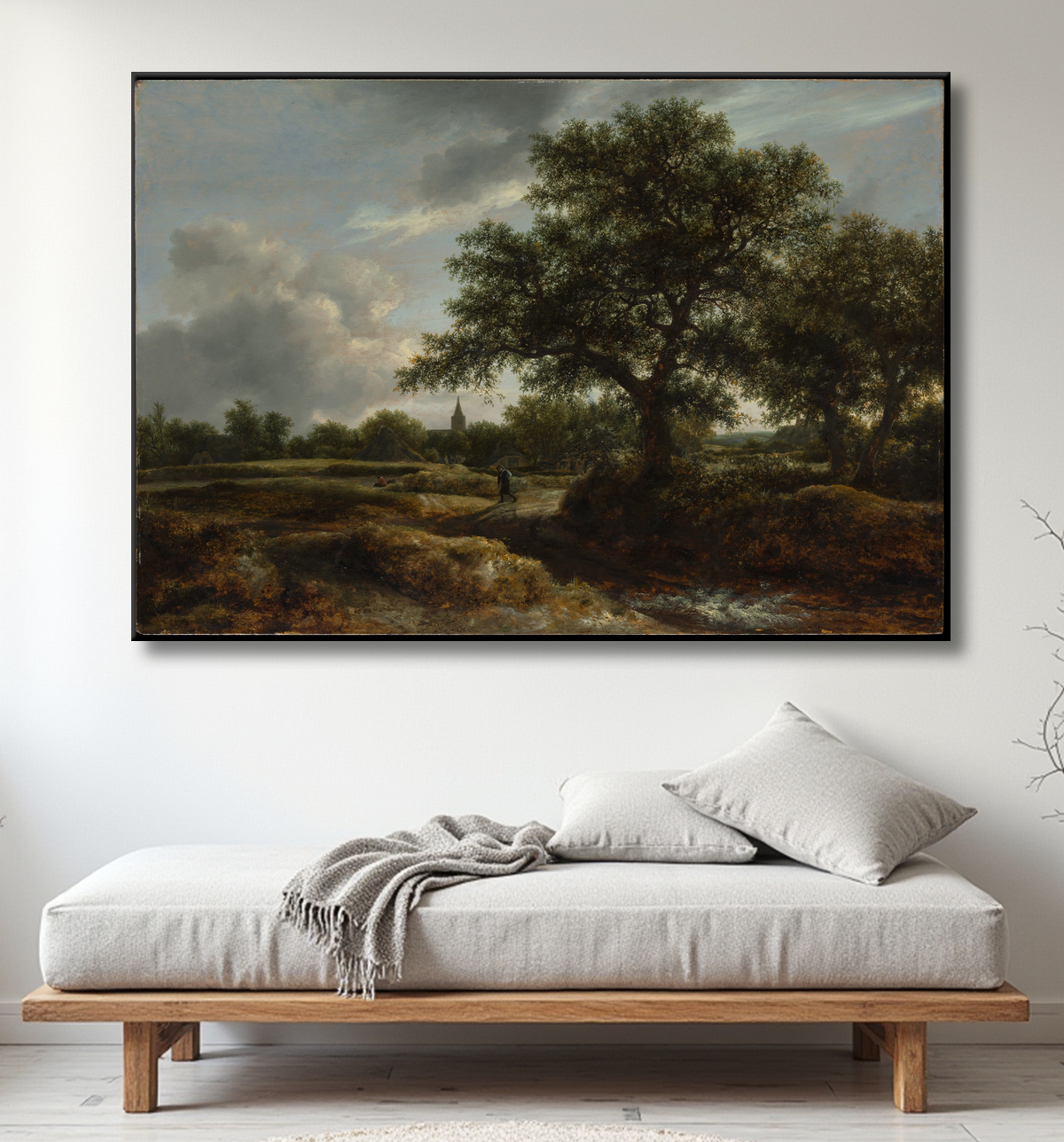 Reproduction Paysage avec un village au loin de Jacob van Ruisdael avec decor