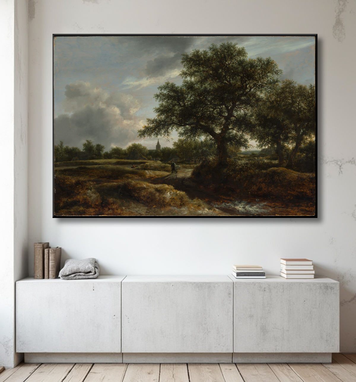 Reproduction Paysage avec un village au loin de Jacob van Ruisdael avec decor