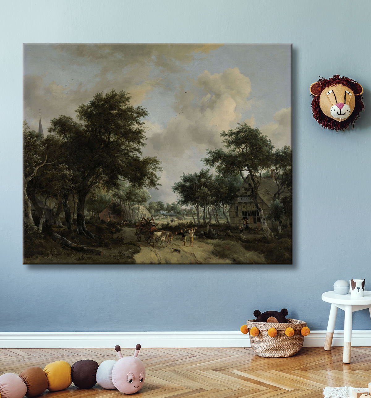 Reproduction Paysage boisé avec Merrymakers dans un chariot de Meindert Hobbema avec decor