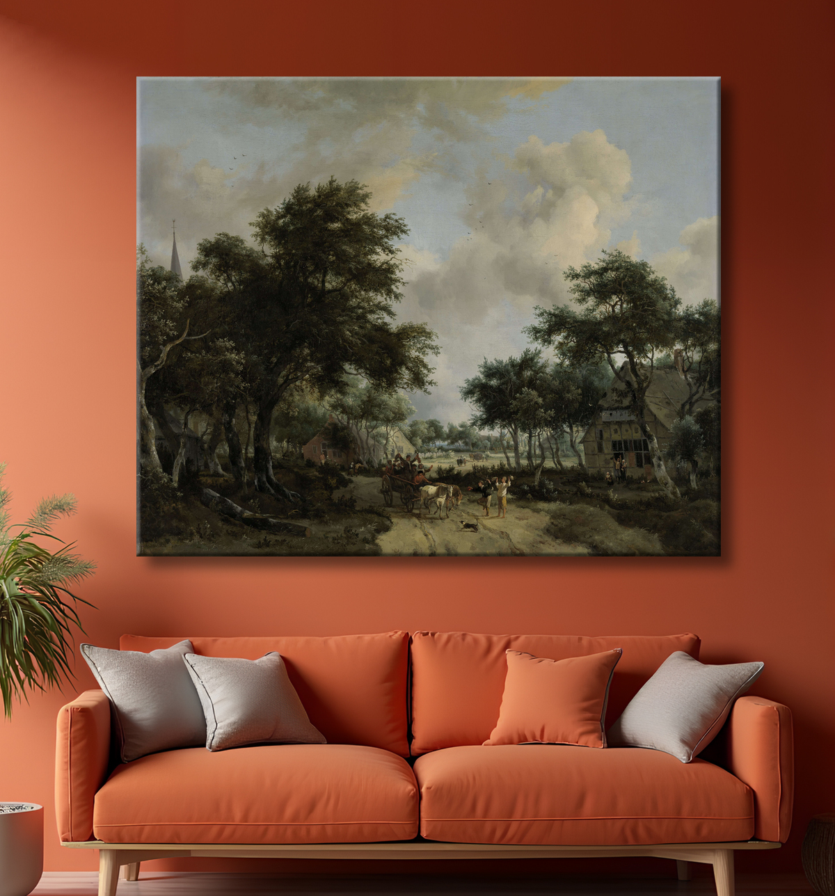 Reproduction Paysage boisé avec Merrymakers dans un chariot de Meindert Hobbema avec decor