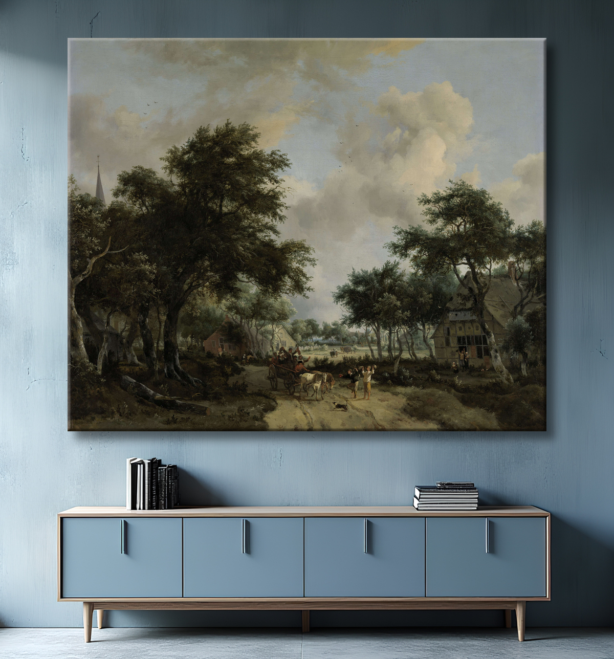 Reproduction Paysage boisé avec Merrymakers dans un chariot de Meindert Hobbema avec decor