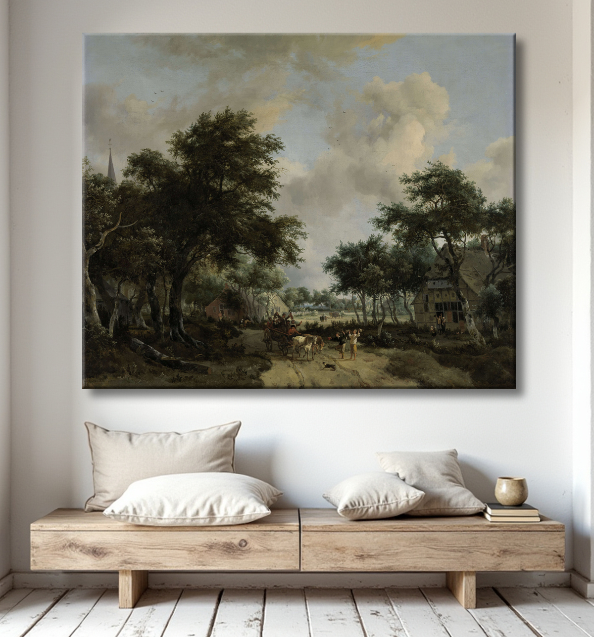 Reproduction Paysage boisé avec Merrymakers dans un chariot de Meindert Hobbema avec decor