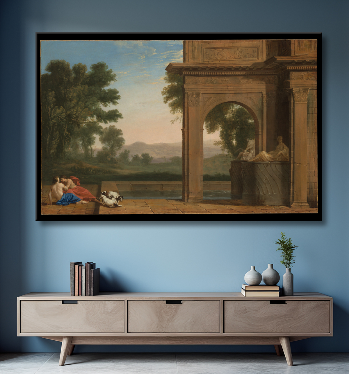 Reproduction Paysage classique avec des chiffres de Henri Mauperché avec decor