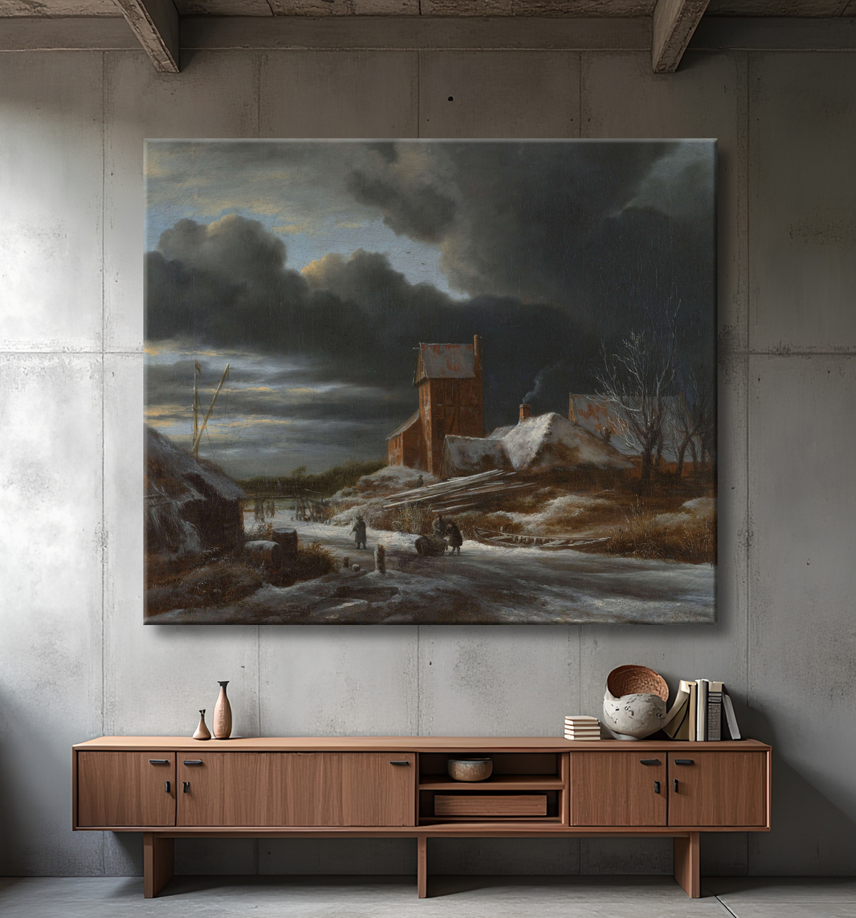Reproduction Paysage d'hiver de Jacob Isaacksz van Ruisdael avec decor