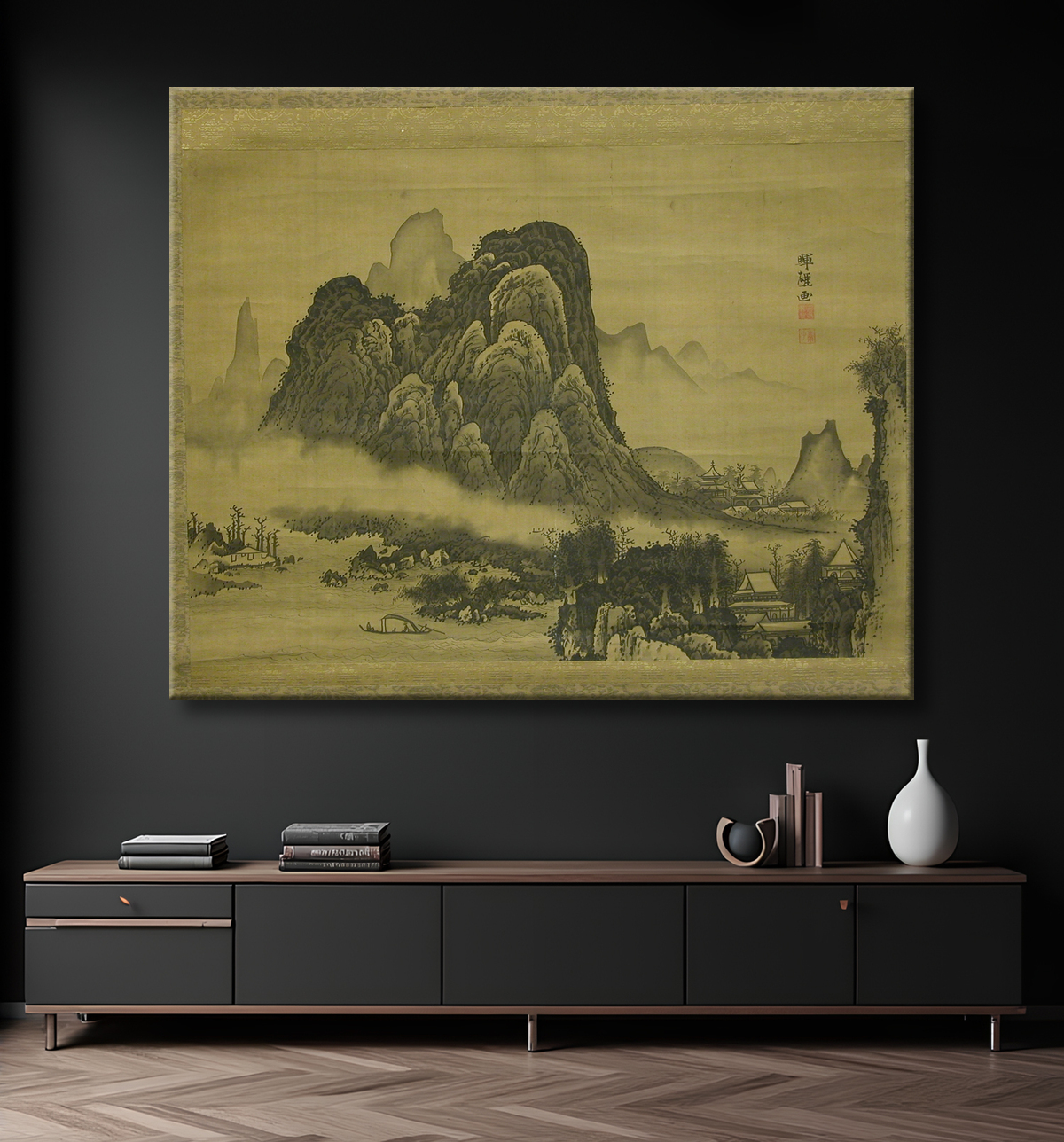 Reproduction Paysage de montagne de Soga Shōhaku avec decor