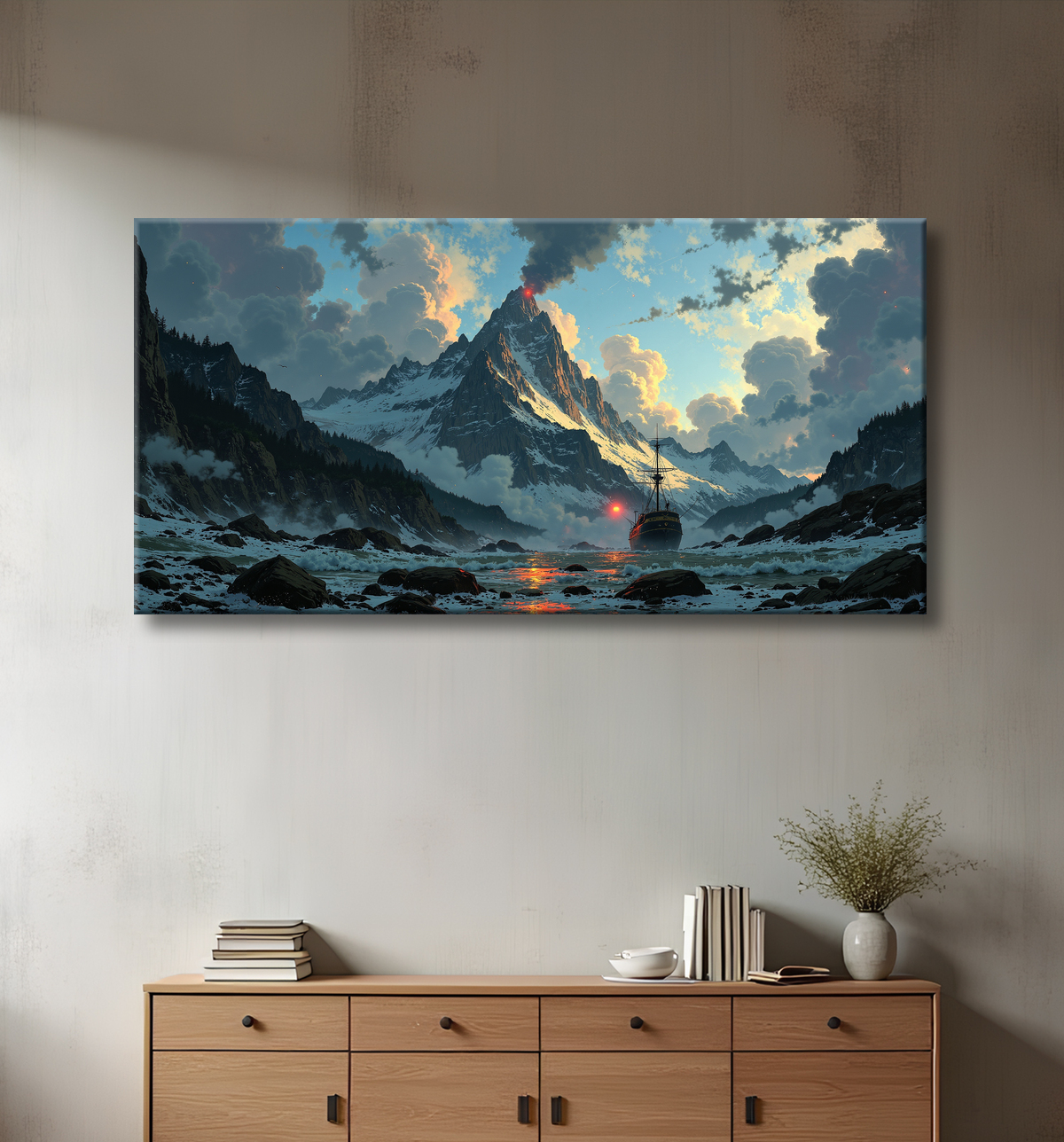 Tableau fjord et voilier face aux montagnes scandinaves enneigées avec decor