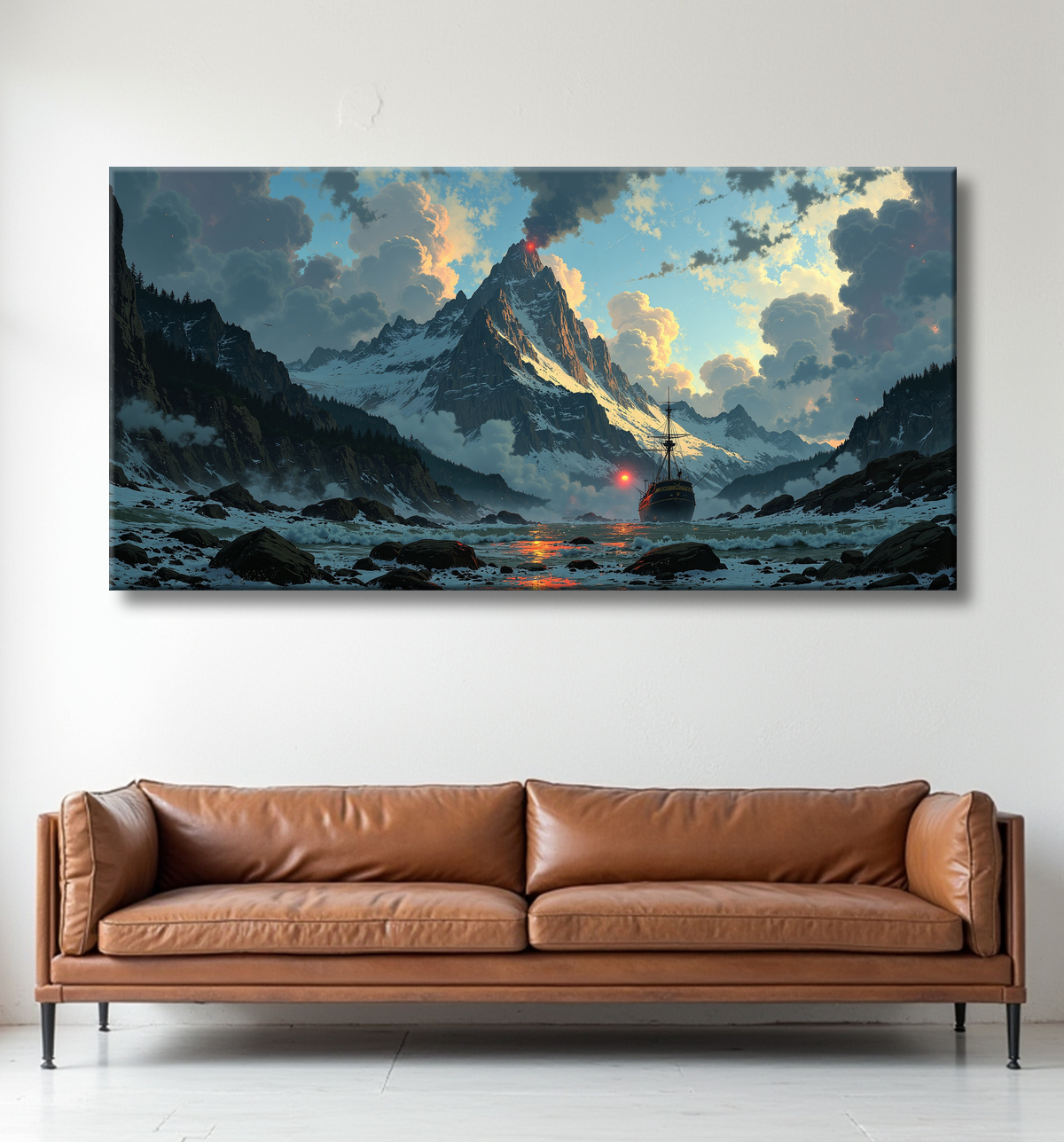 Tableau fjord et voilier face aux montagnes scandinaves enneigées avec decor