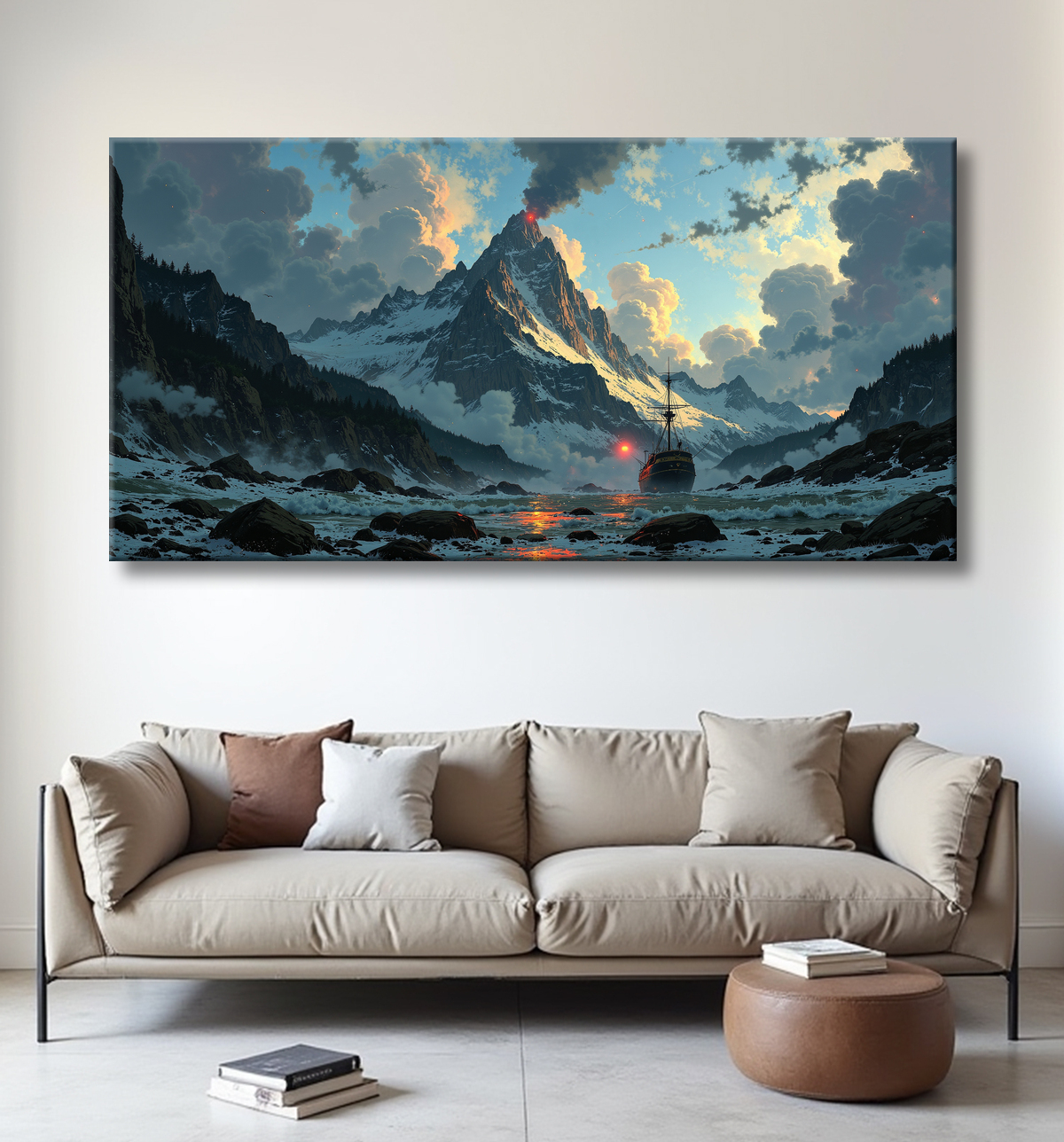 Tableau fjord et voilier face aux montagnes scandinaves enneigées avec decor