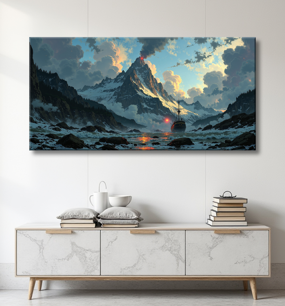 Tableau fjord et voilier face aux montagnes scandinaves enneigées avec decor
