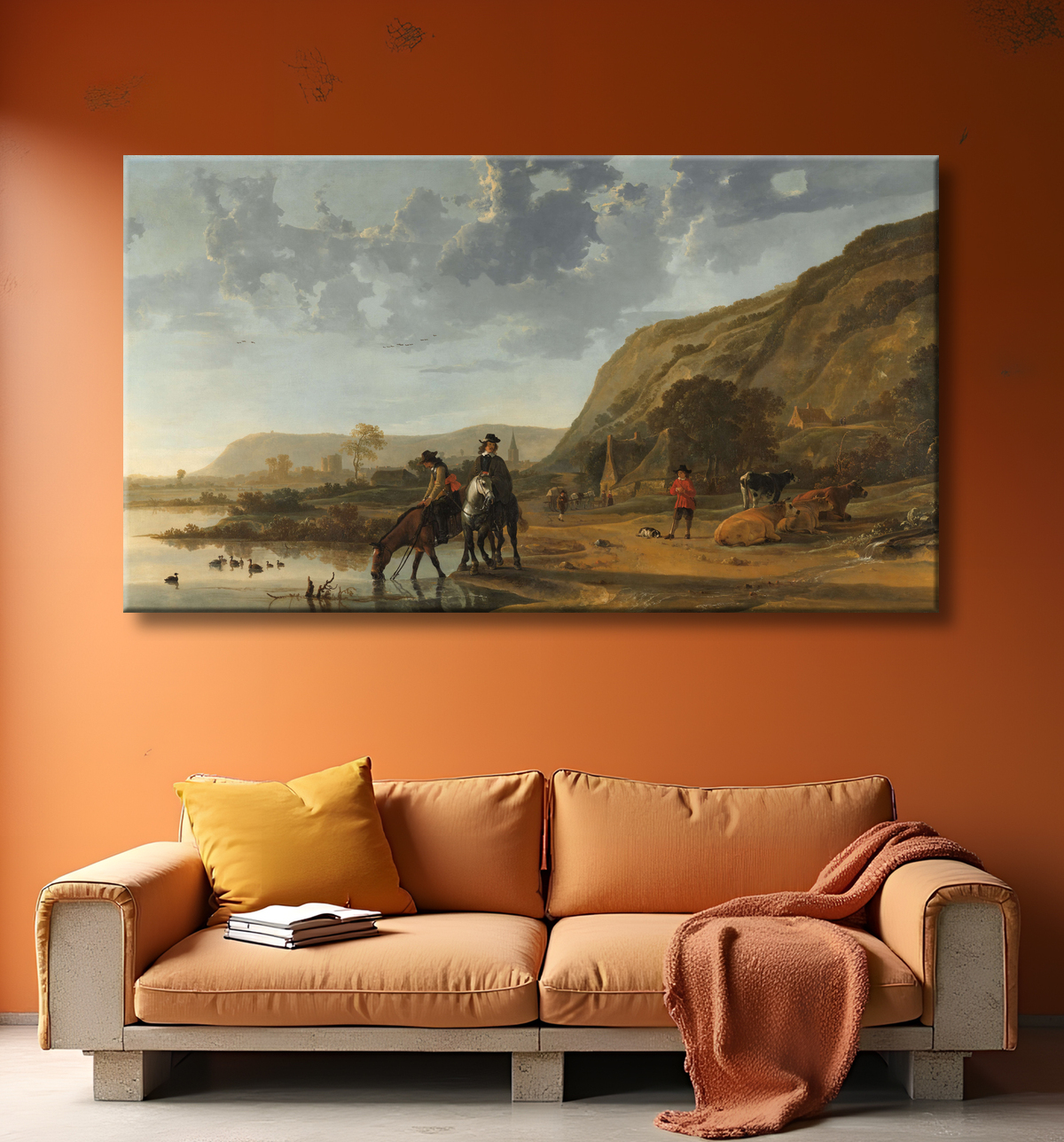 Reproduction Paysage fluvial avec cavaliers de Aelbert Cuyp avec decor