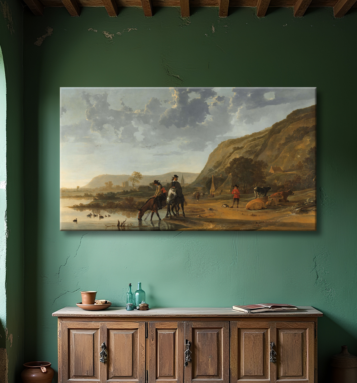 Reproduction Paysage fluvial avec cavaliers de Aelbert Cuyp avec decor