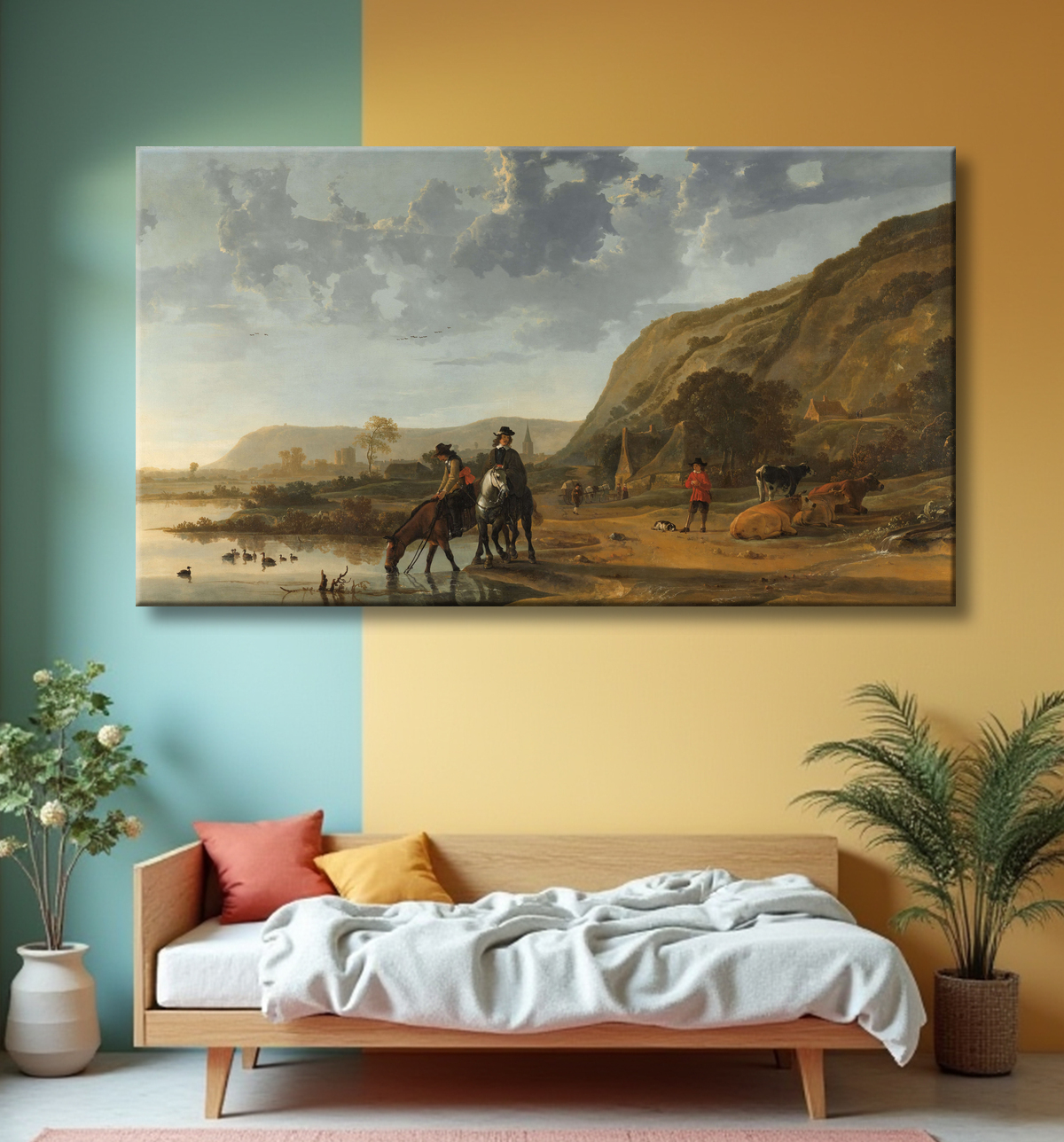 Reproduction Paysage fluvial avec cavaliers de Aelbert Cuyp avec decor